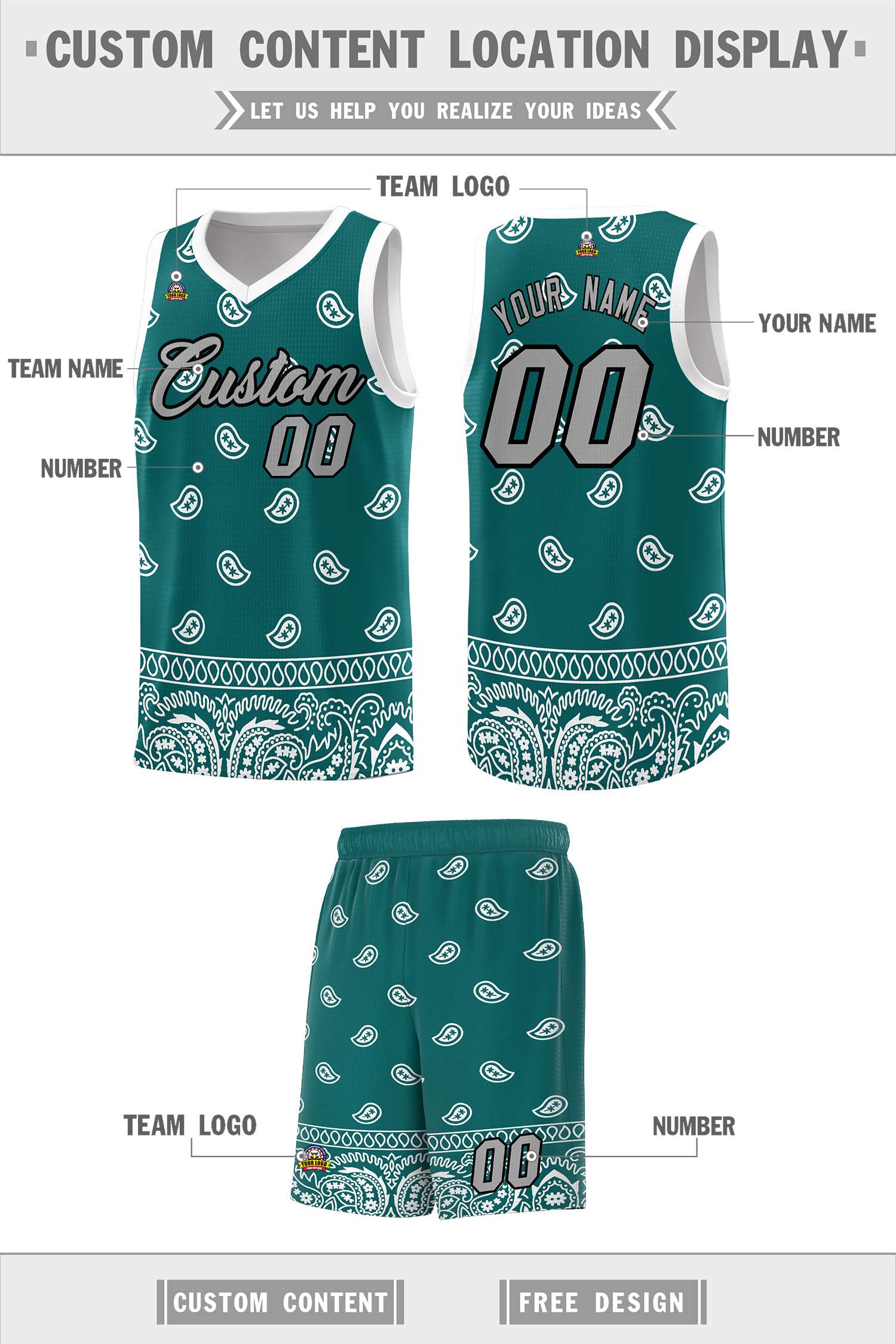 Custom Aqua White Personalized Cashew Pattern Sports Uniform Basketball Jersey