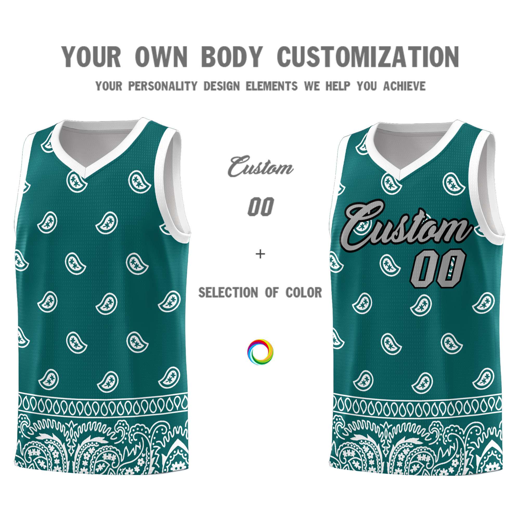 Custom Aqua White Personalized Cashew Pattern Sports Uniform Basketball Jersey