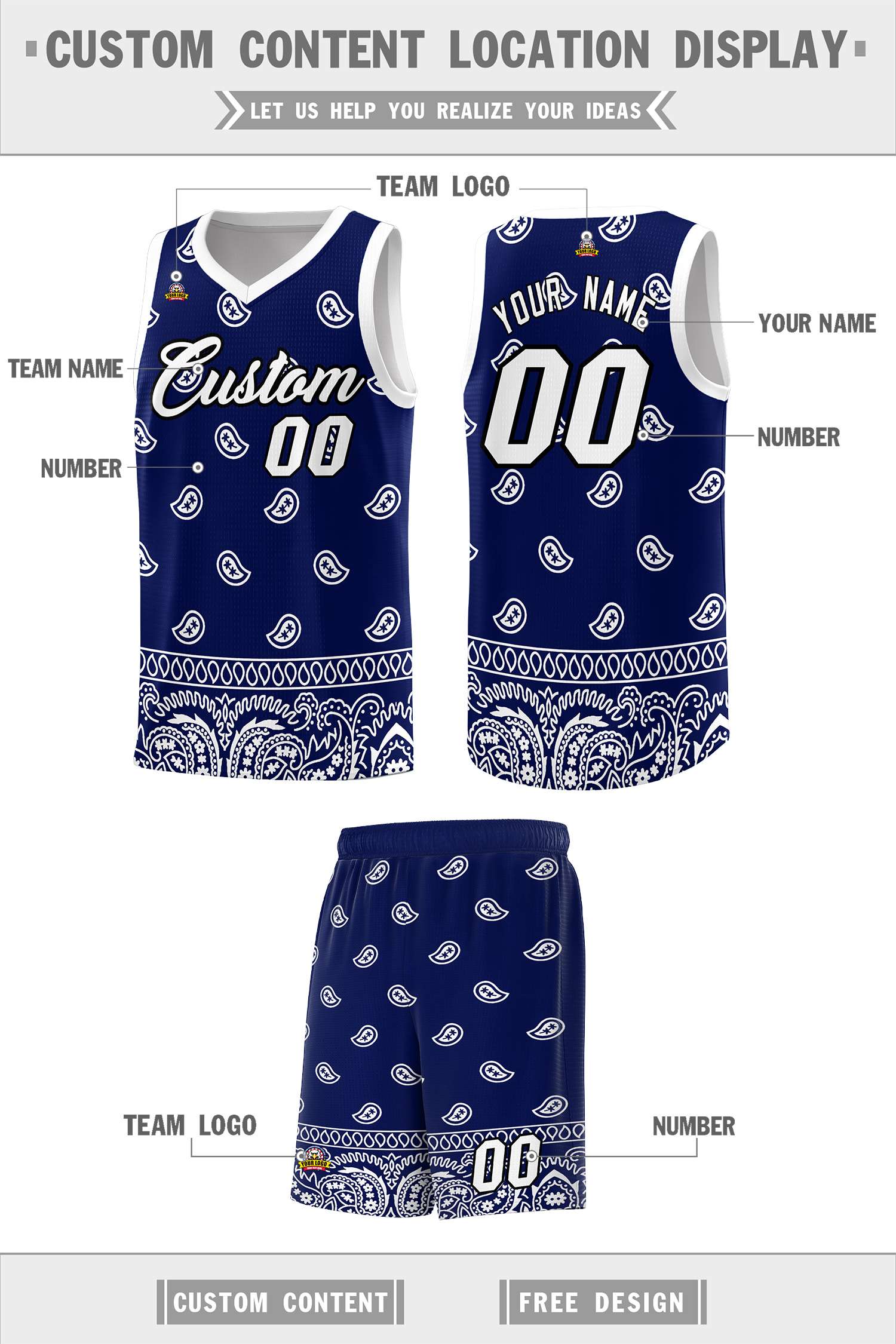 Custom Navy White Personalized Cashew Pattern Sports Uniform Basketball Jersey