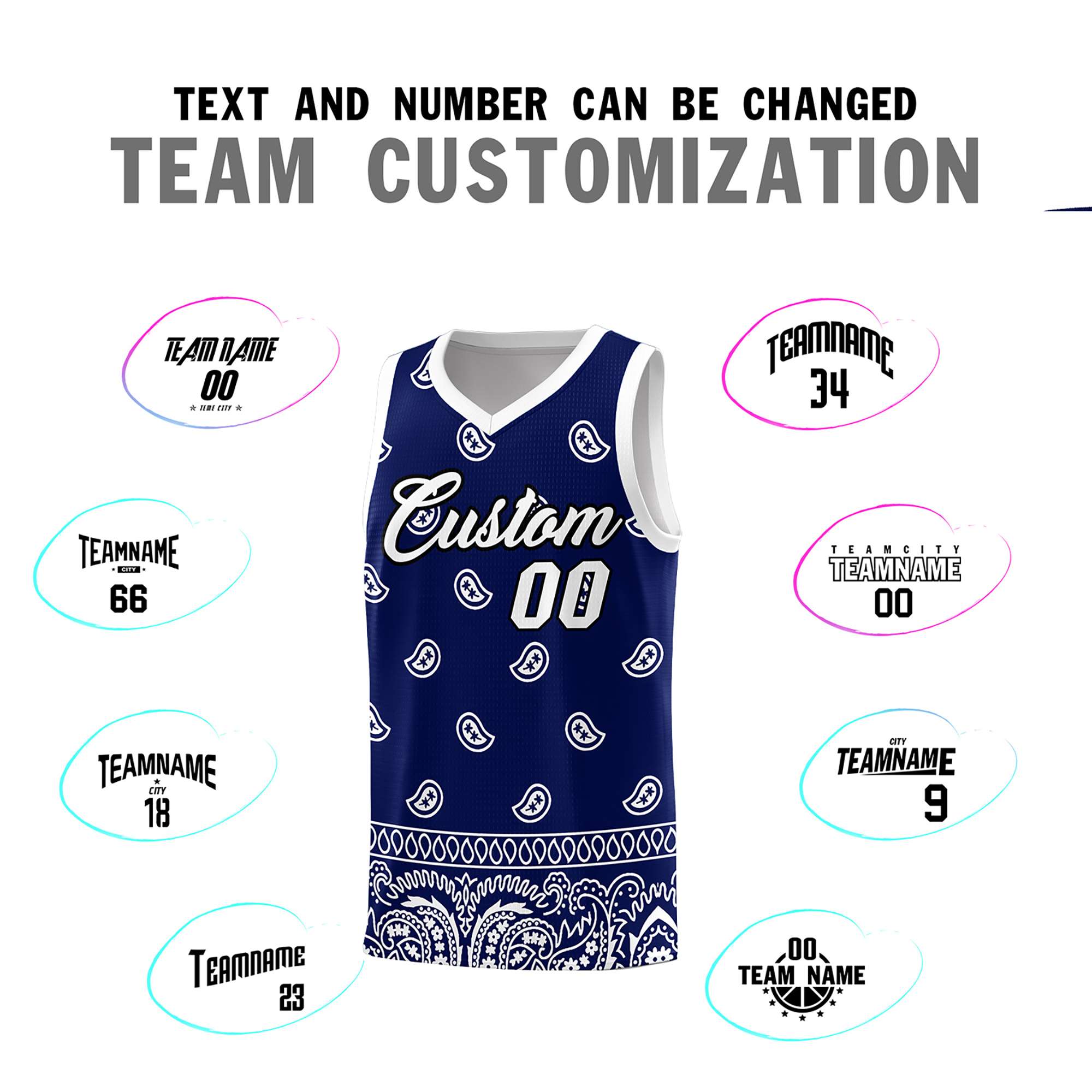 Custom Navy White Personalized Cashew Pattern Sports Uniform Basketball Jersey