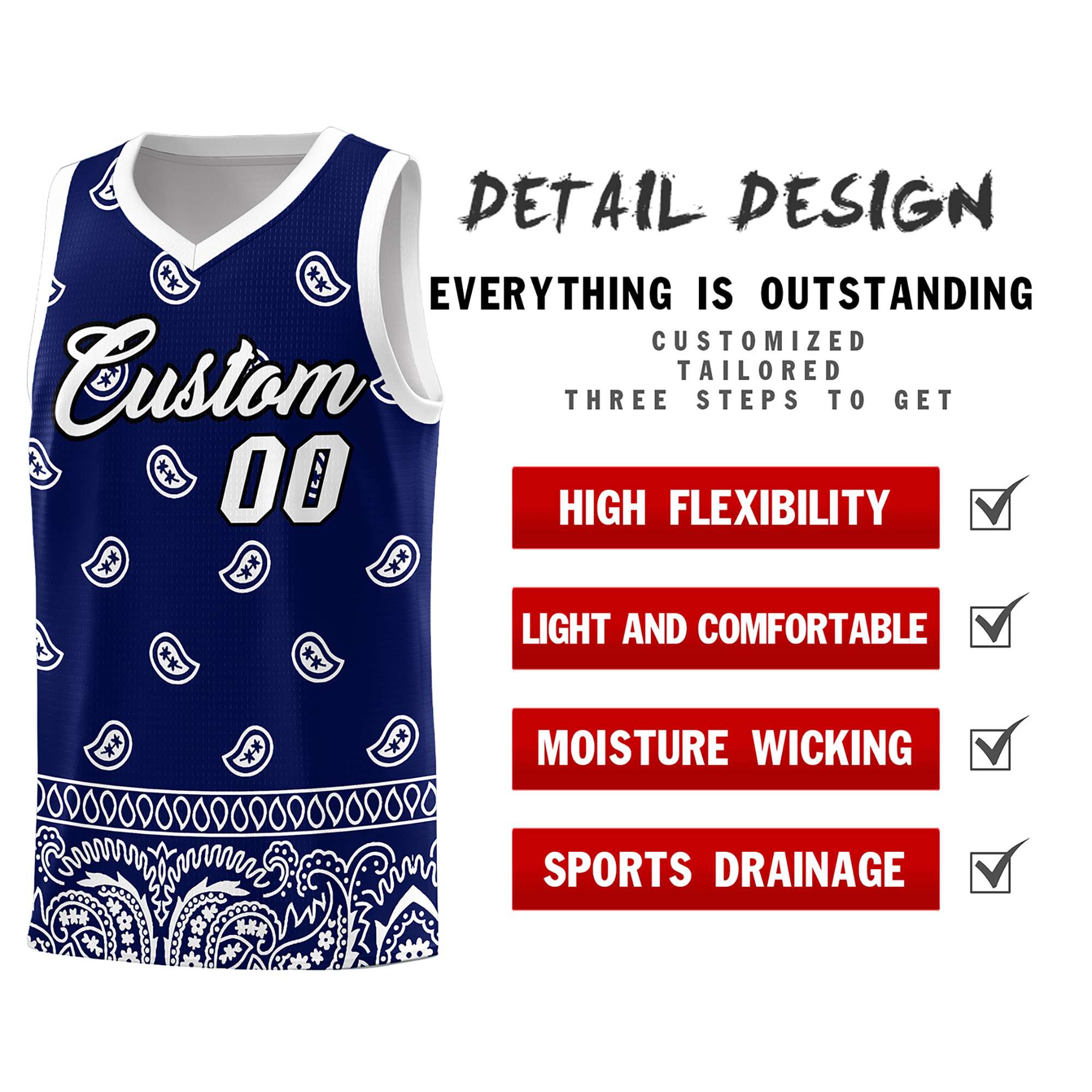 Custom Navy White Personalized Cashew Pattern Sports Uniform Basketball Jersey