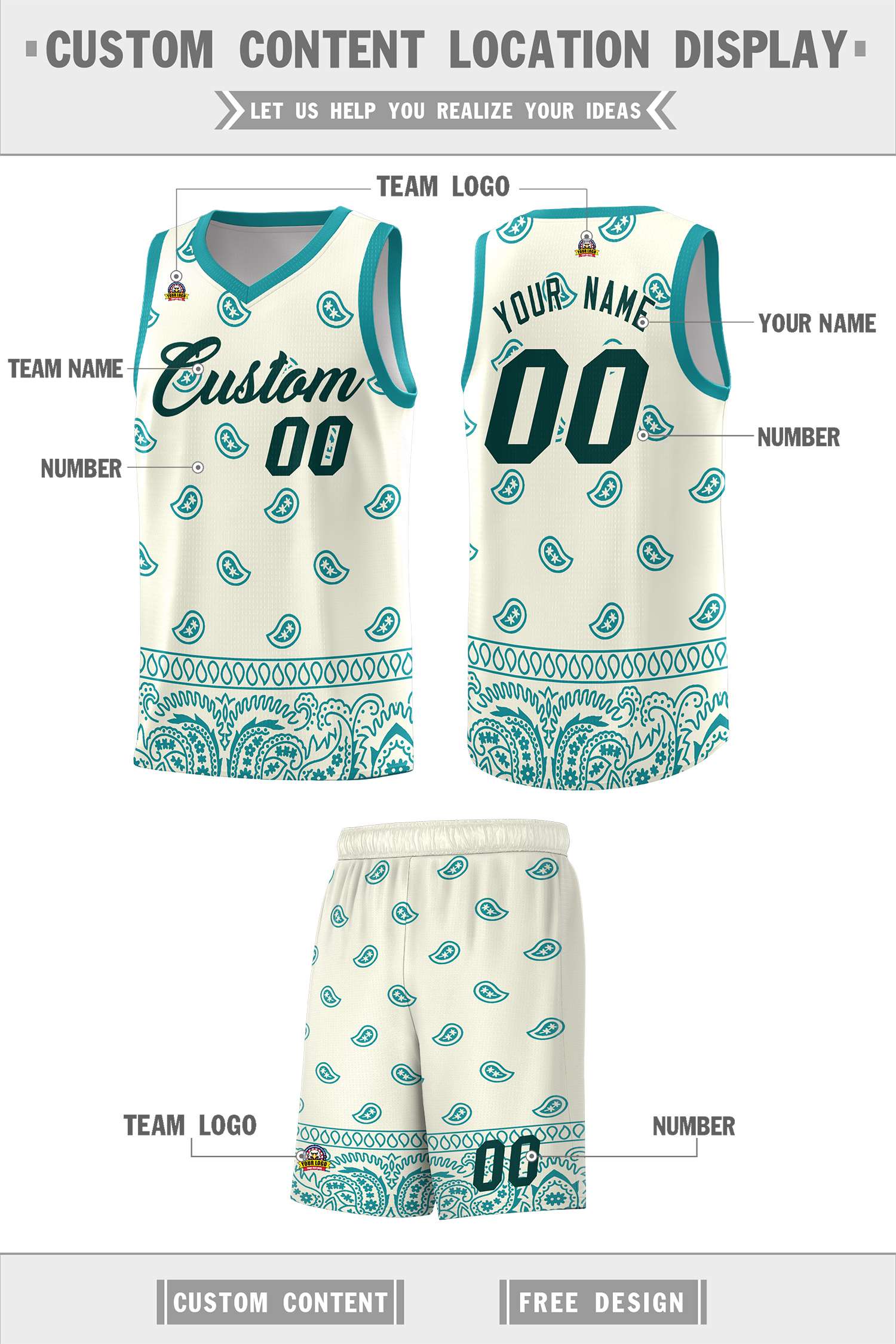 Custom White Aqua Personalized Cashew Pattern Sports Uniform Basketball Jersey