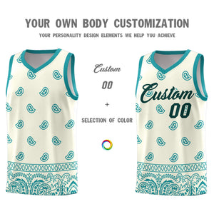 Custom White Aqua Personalized Cashew Pattern Sports Uniform Basketball Jersey