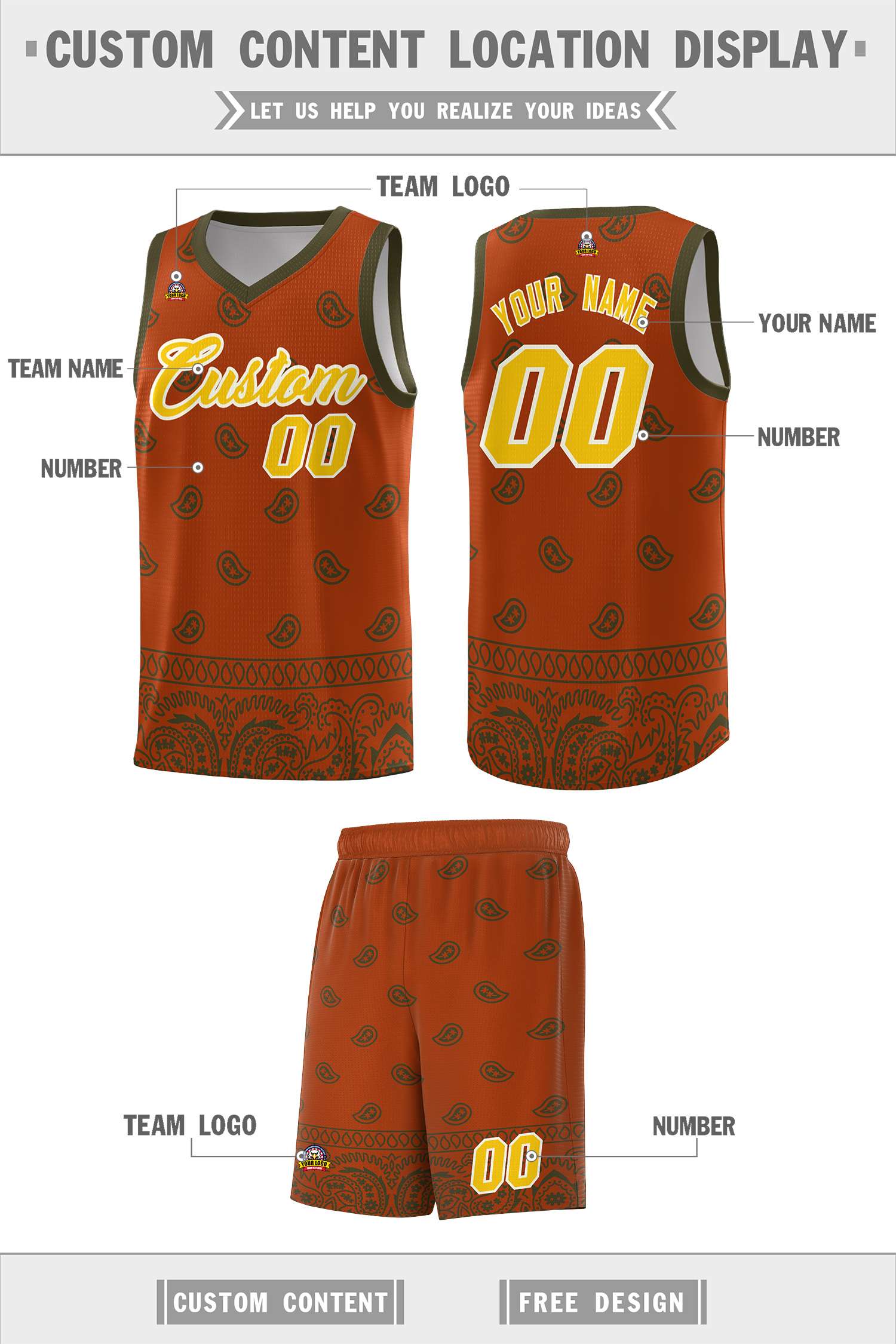 Custom Texas Orange Olive Personalized Cashew Pattern Sports Uniform Basketball Jersey