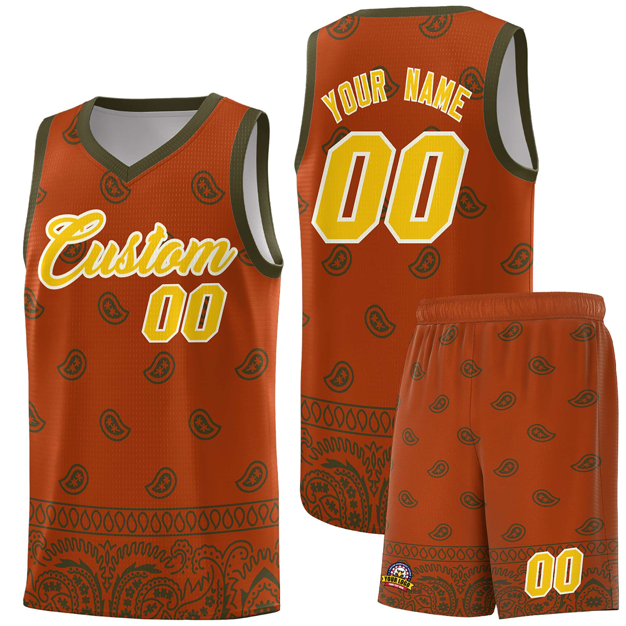 Custom Texas Orange Olive Personalized Cashew Pattern Sports Uniform Basketball Jersey