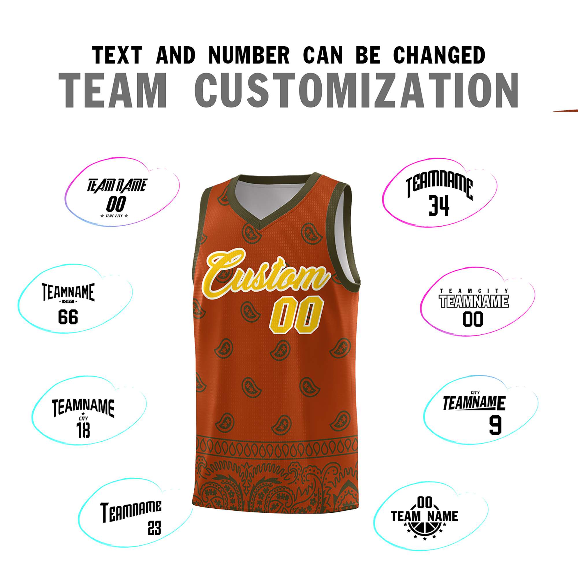 Custom Texas Orange Olive Personalized Cashew Pattern Sports Uniform Basketball Jersey