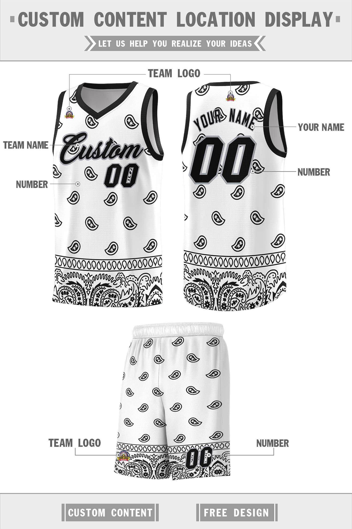 Custom White Black Personalized Cashew Pattern Sports Uniform Basketball Jersey