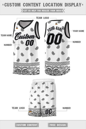 Custom White Black Personalized Cashew Pattern Sports Uniform Basketball Jersey