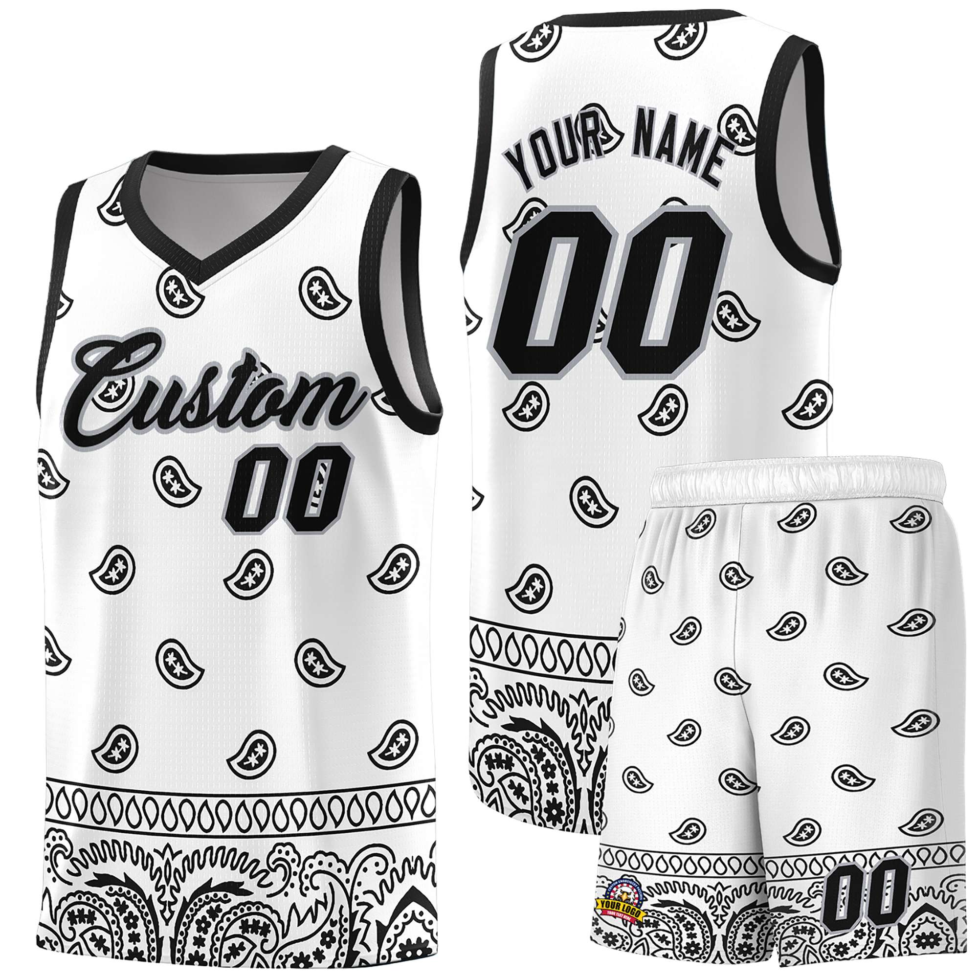 Custom White Black Personalized Cashew Pattern Sports Uniform Basketball Jersey