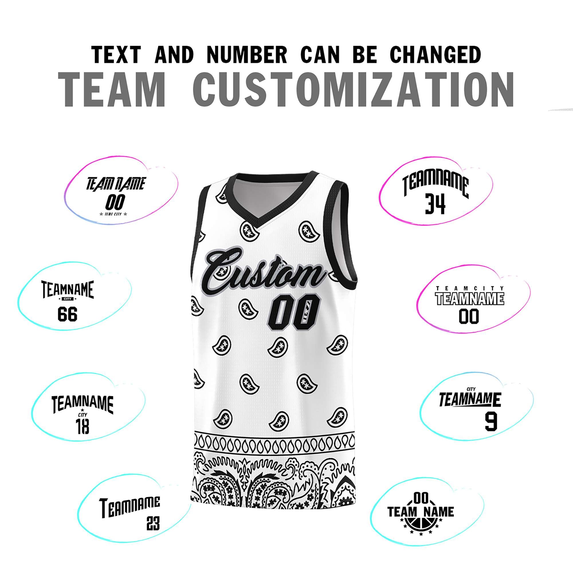 Custom White Black Personalized Cashew Pattern Sports Uniform Basketball Jersey