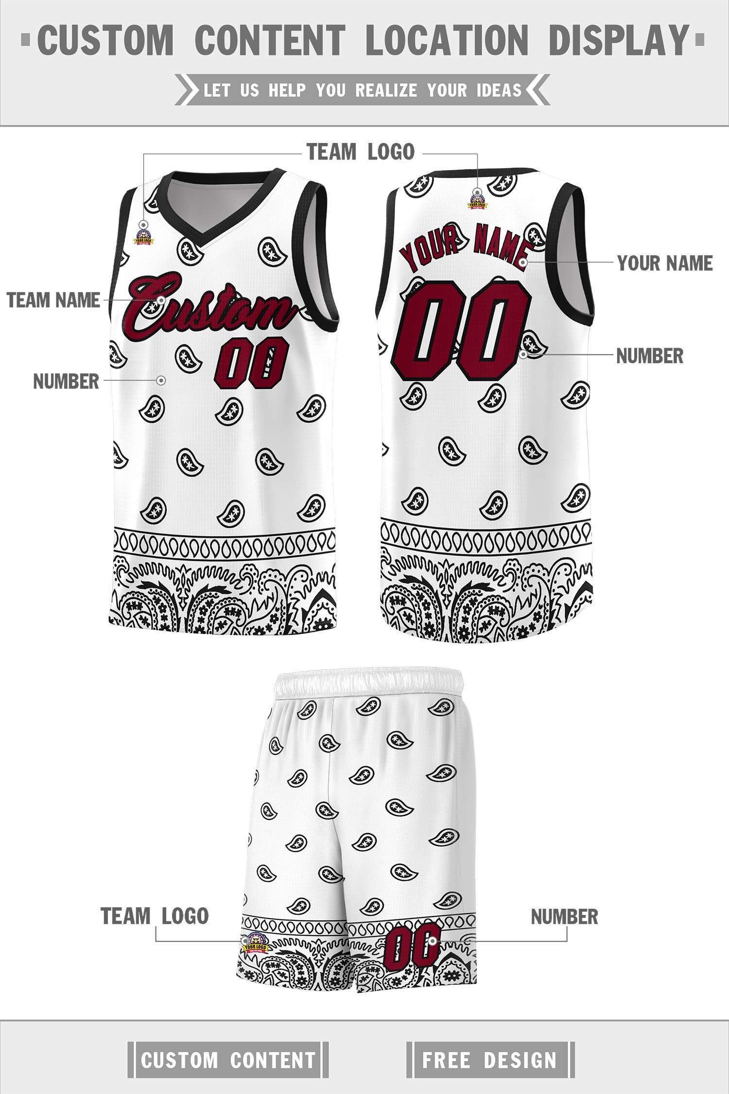 Custom White Black Personalized Cashew Pattern Sports Uniform Basketball Jersey