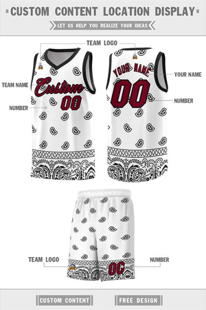 Custom White Black Personalized Cashew Pattern Sports Uniform Basketball Jersey