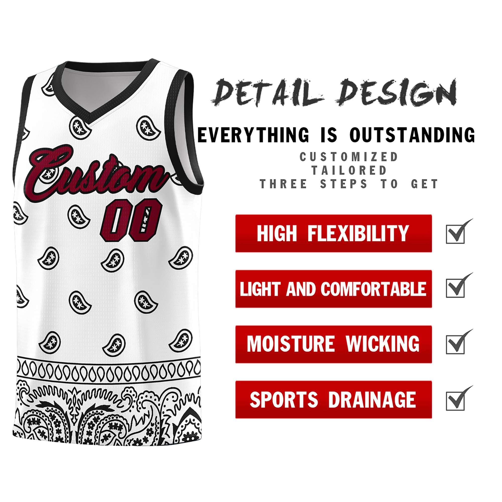 Custom White Black Personalized Cashew Pattern Sports Uniform Basketball Jersey