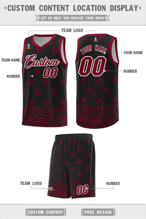 Custom Black Crimson Personalized Cashew Pattern Sports Uniform Basketball Jersey