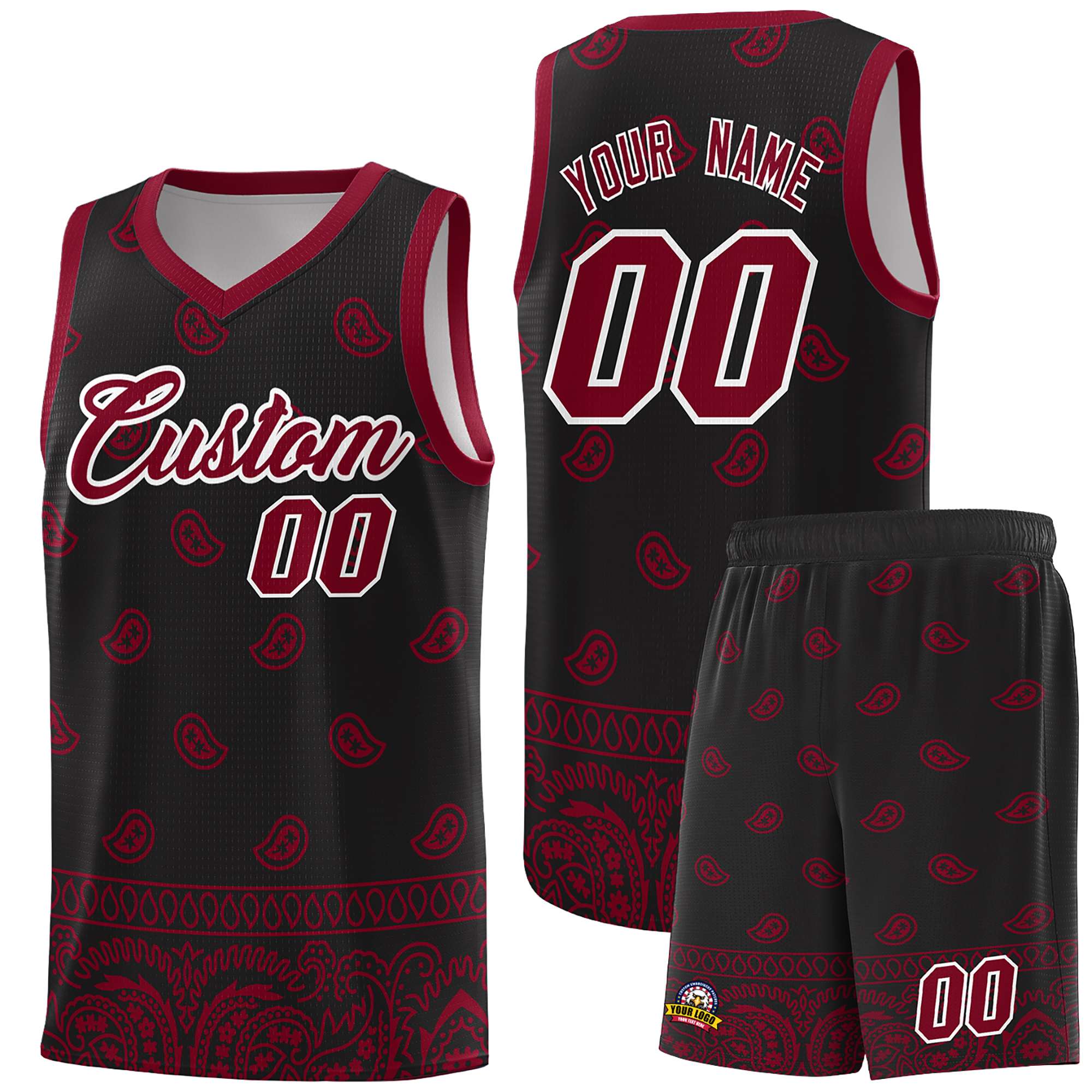 Custom Black Crimson Personalized Cashew Pattern Sports Uniform Basketball Jersey