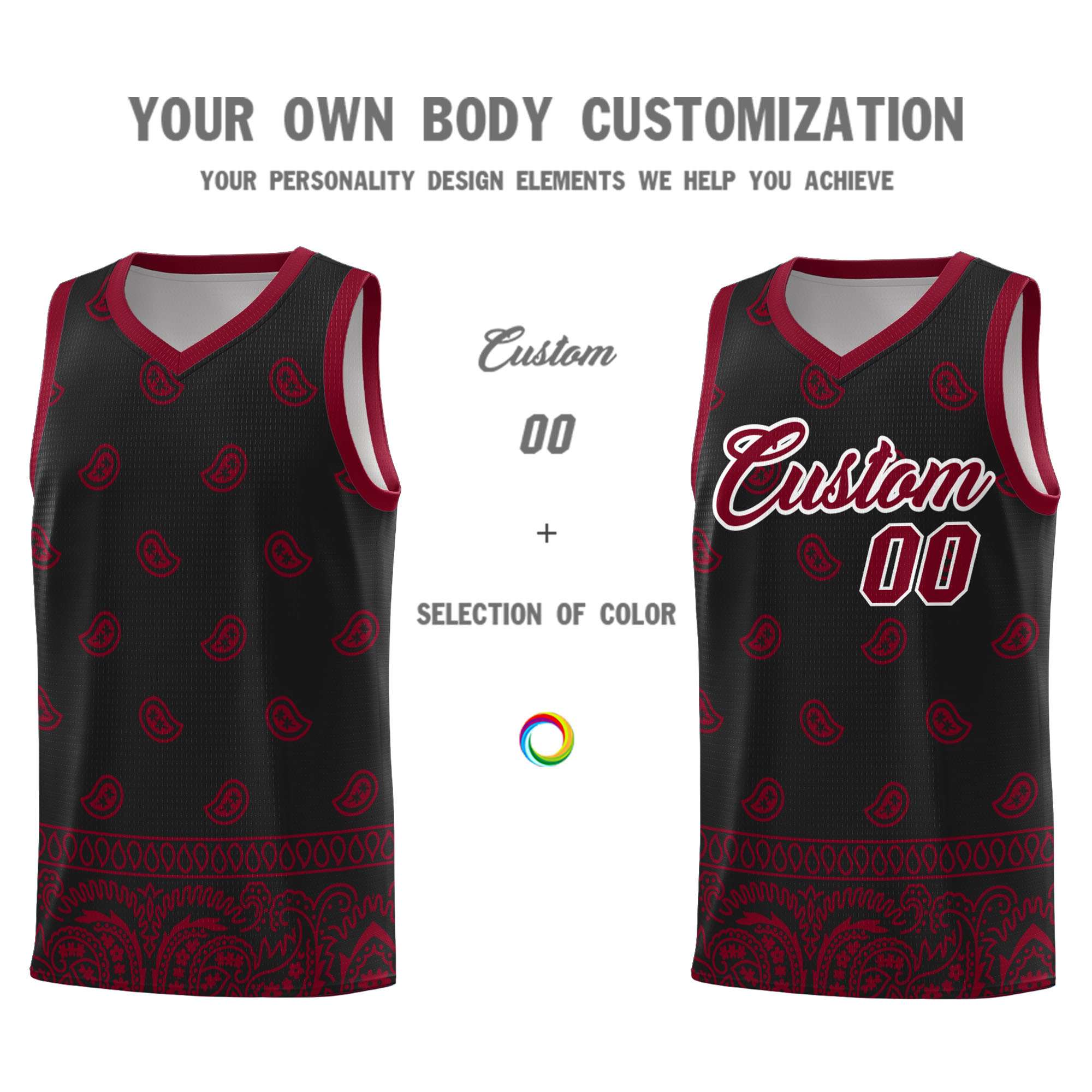 Custom Black Crimson Personalized Cashew Pattern Sports Uniform Basketball Jersey