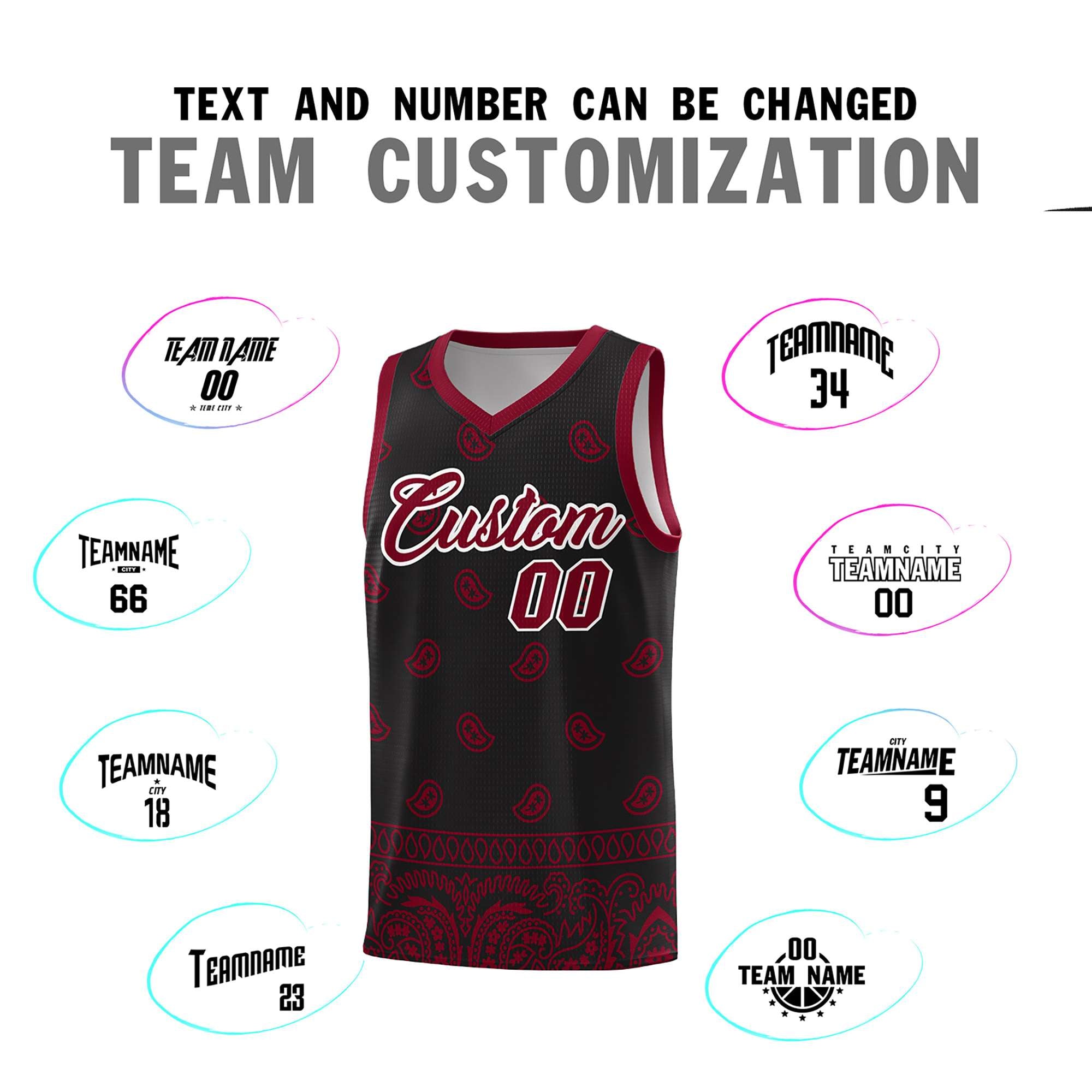 Custom Black Crimson Personalized Cashew Pattern Sports Uniform Basketball Jersey