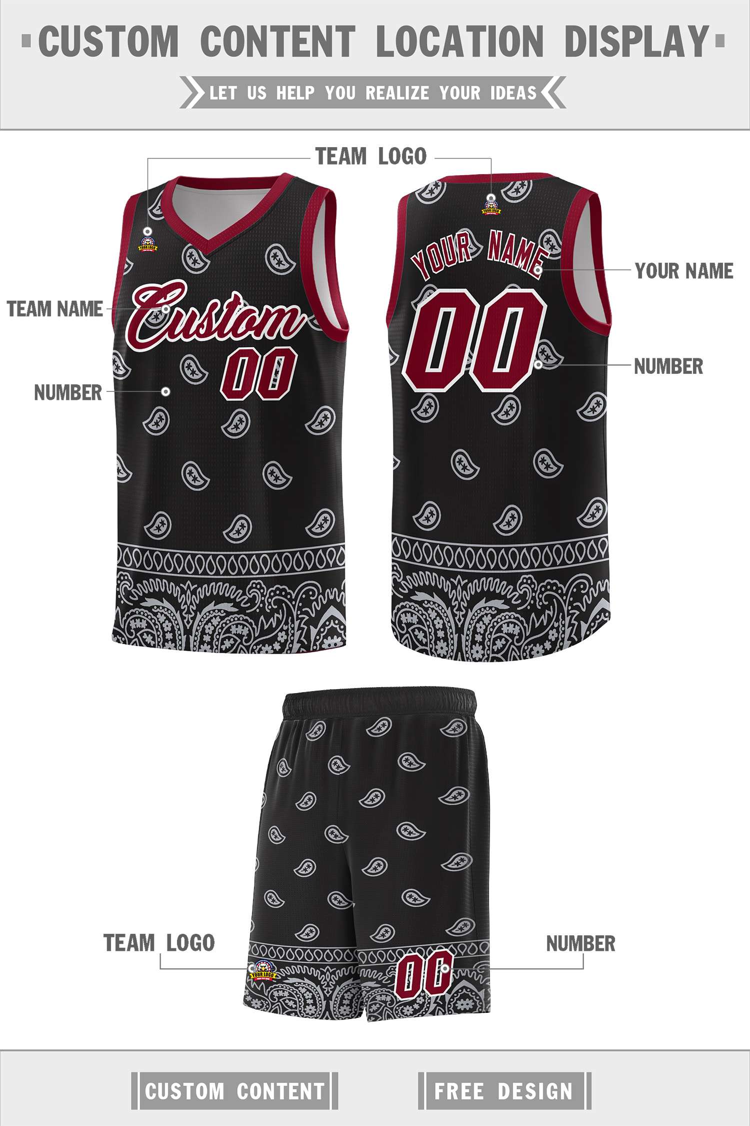 Custom Black Gray Personalized Cashew Pattern Sports Uniform Basketball Jersey