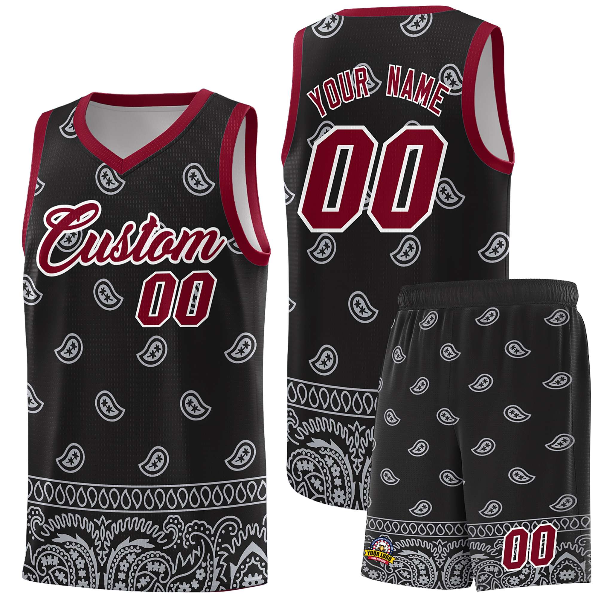 Custom Black Gray Personalized Cashew Pattern Sports Uniform Basketball Jersey