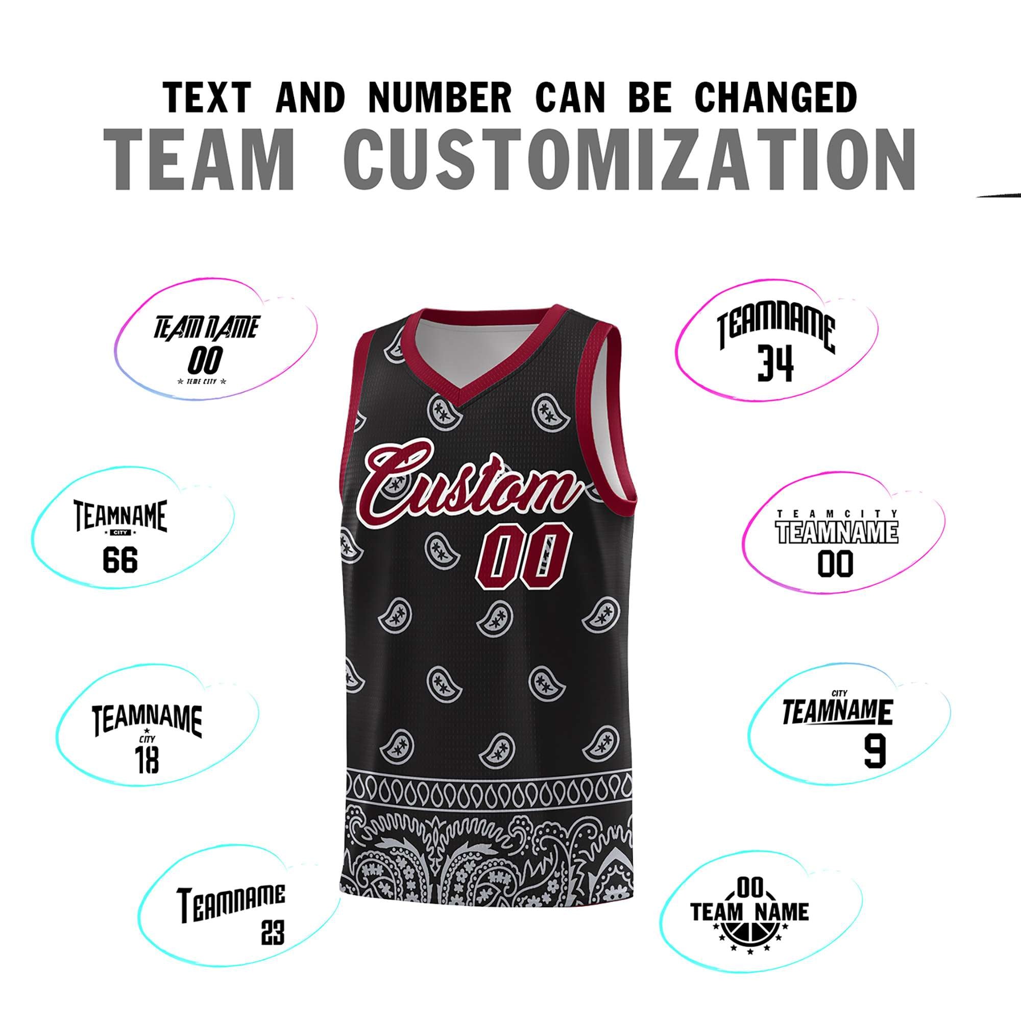 Custom Black Gray Personalized Cashew Pattern Sports Uniform Basketball Jersey