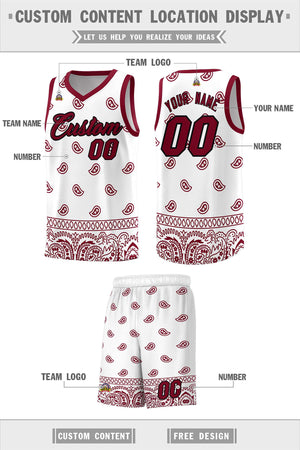 Custom White Crimson Personalized Cashew Pattern Sports Uniform Basketball Jersey