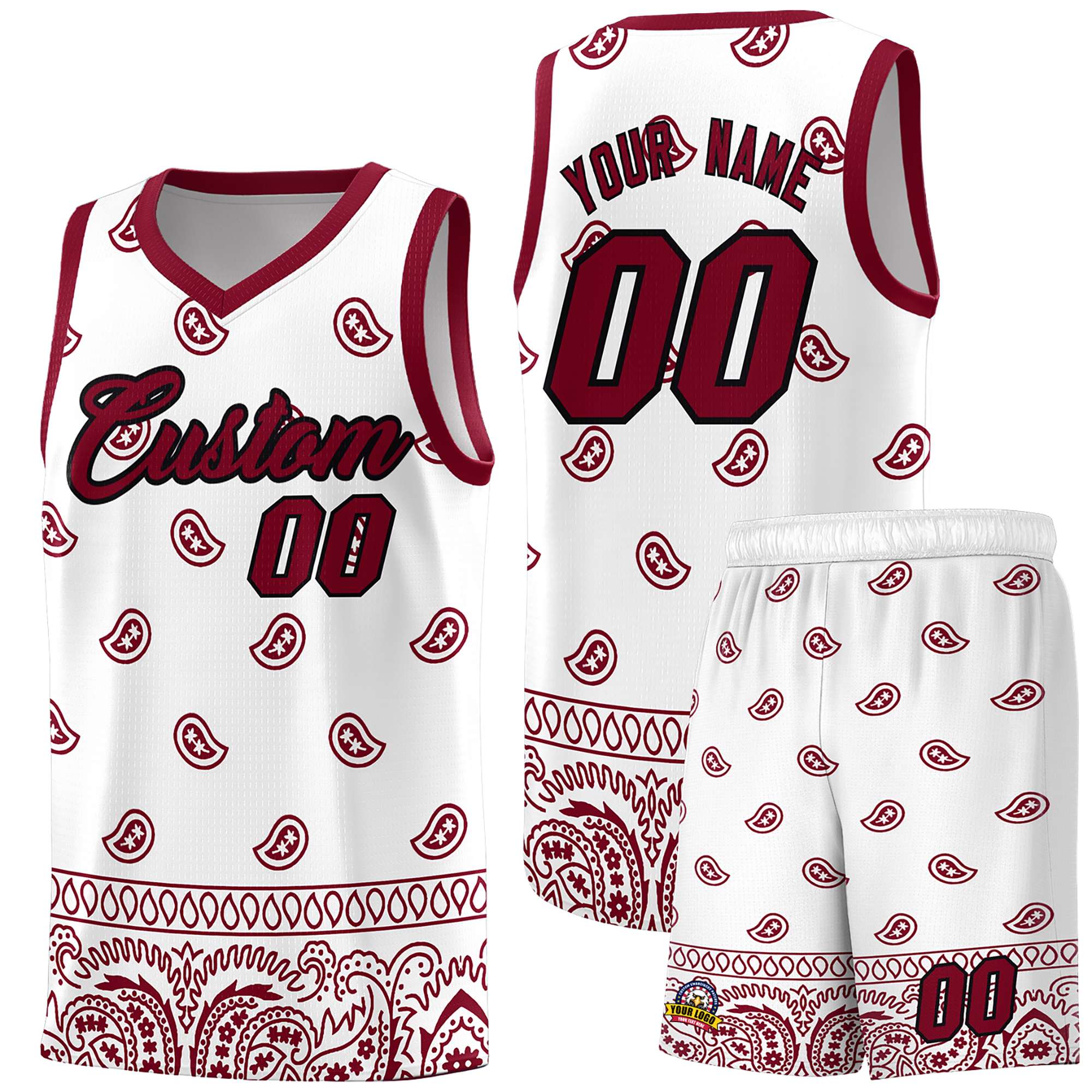 Custom White Crimson Personalized Cashew Pattern Sports Uniform Basketball Jersey