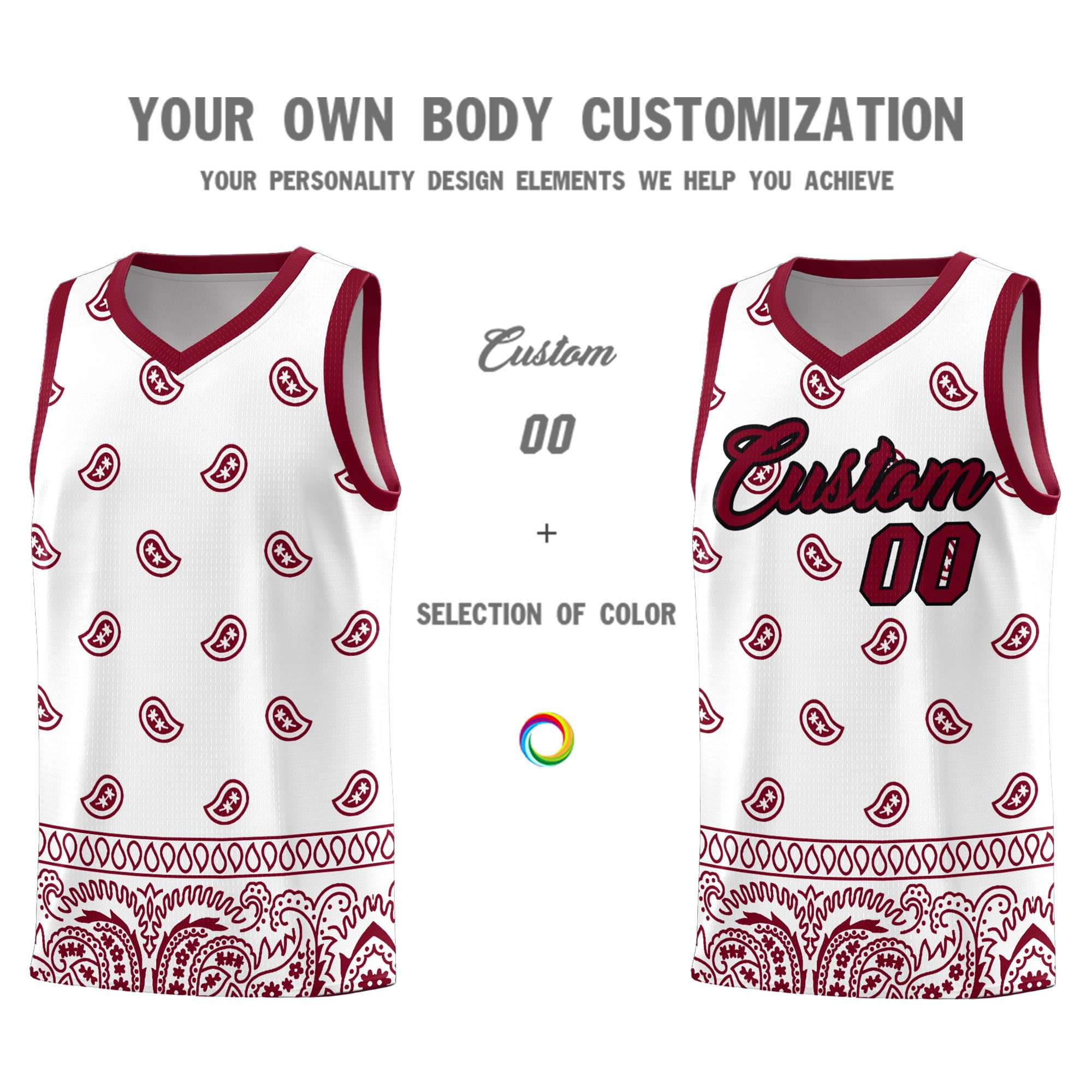 Custom White Crimson Personalized Cashew Pattern Sports Uniform Basketball Jersey