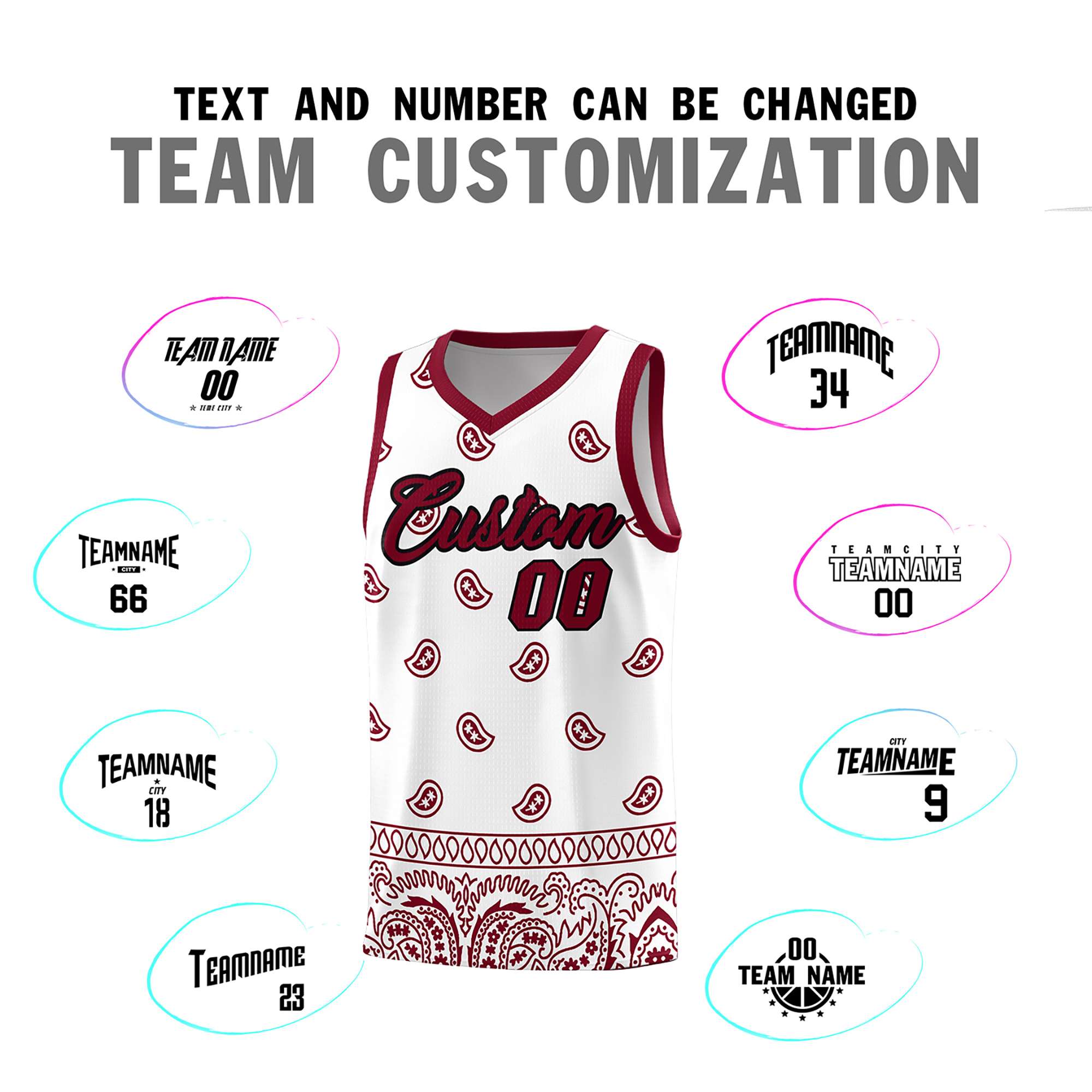 Custom White Crimson Personalized Cashew Pattern Sports Uniform Basketball Jersey