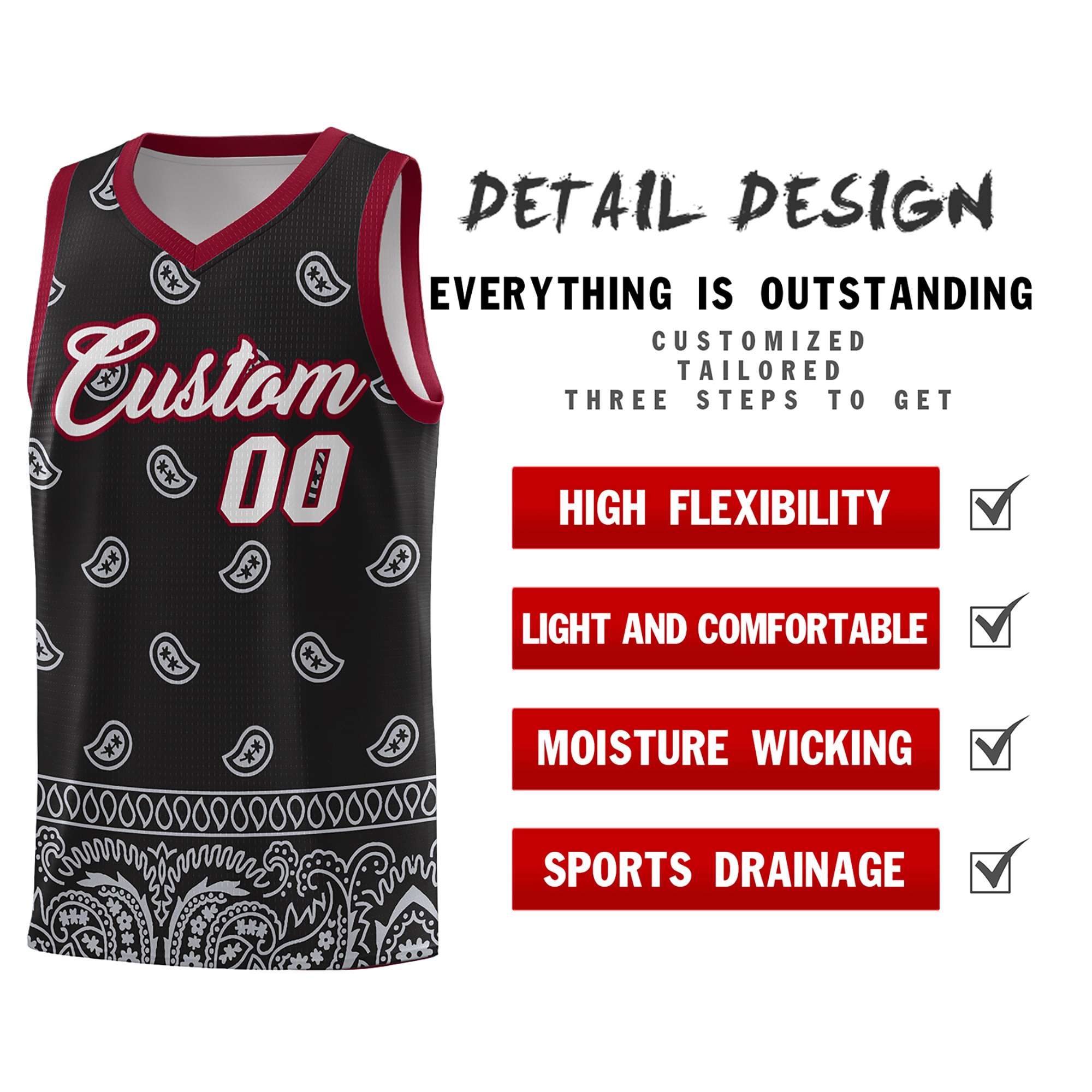 Custom Black Gray Personalized Cashew Pattern Sports Uniform Basketball Jersey