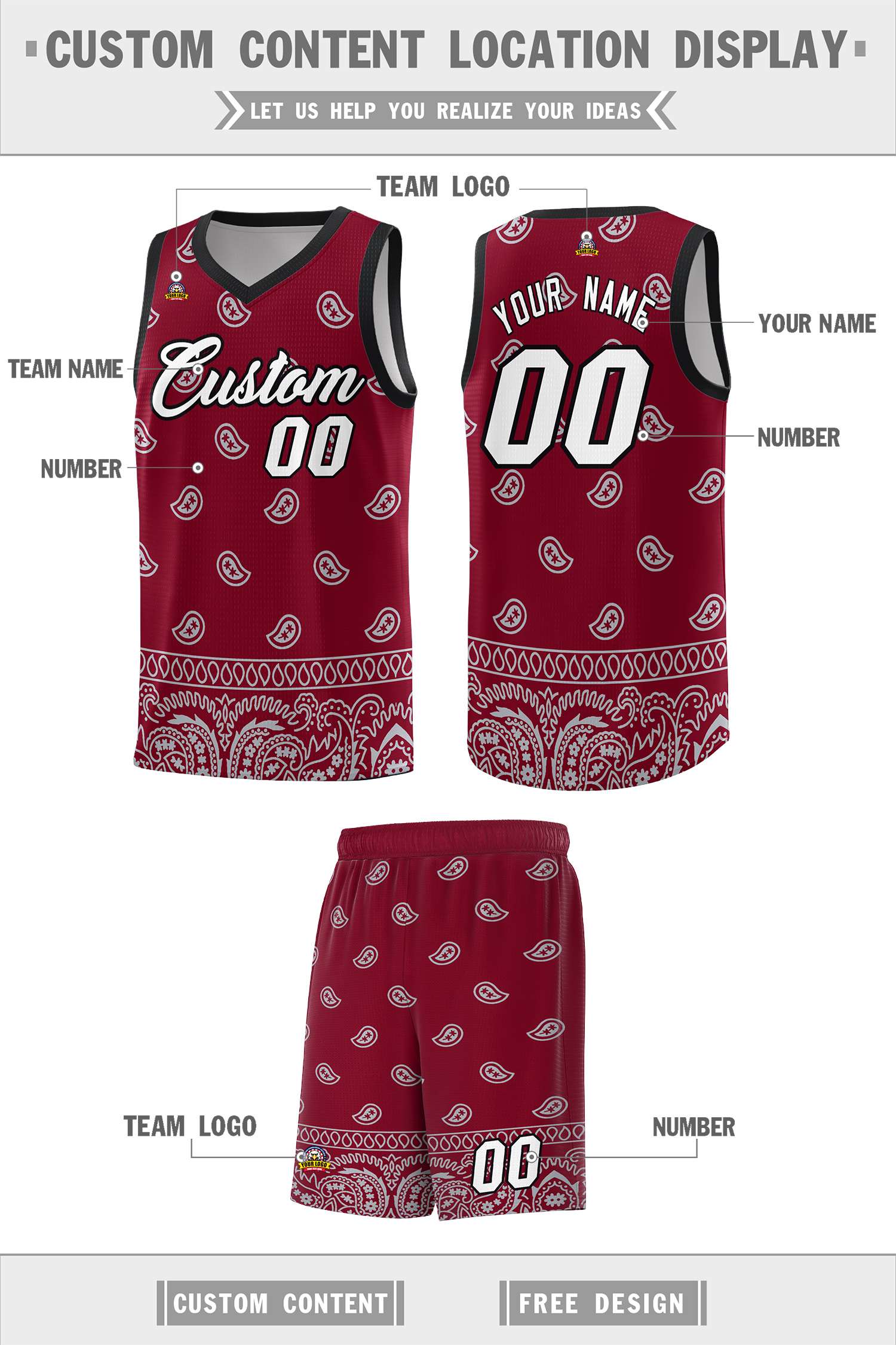 Custom Crimson Gray Personalized Cashew Pattern Sports Uniform Basketball Jersey