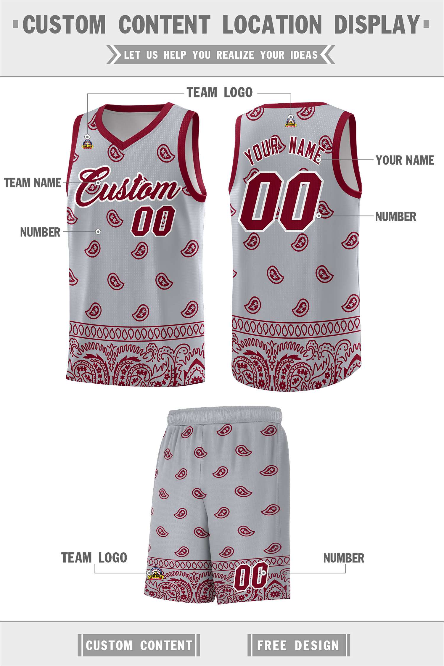 Custom Gray Crimson Personalized Cashew Pattern Sports Uniform Basketball Jersey