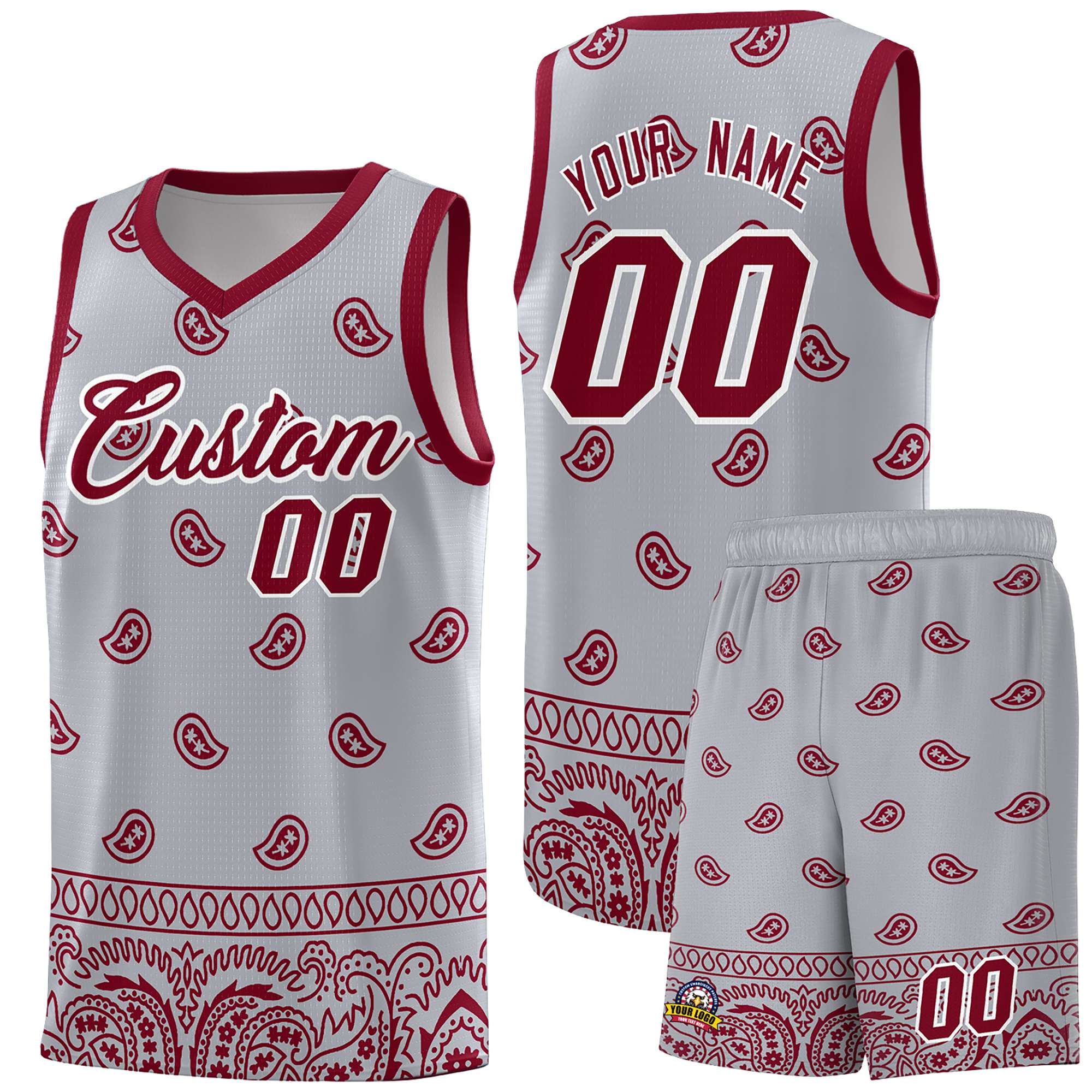 Custom Gray Crimson Personalized Cashew Pattern Sports Uniform Basketball Jersey