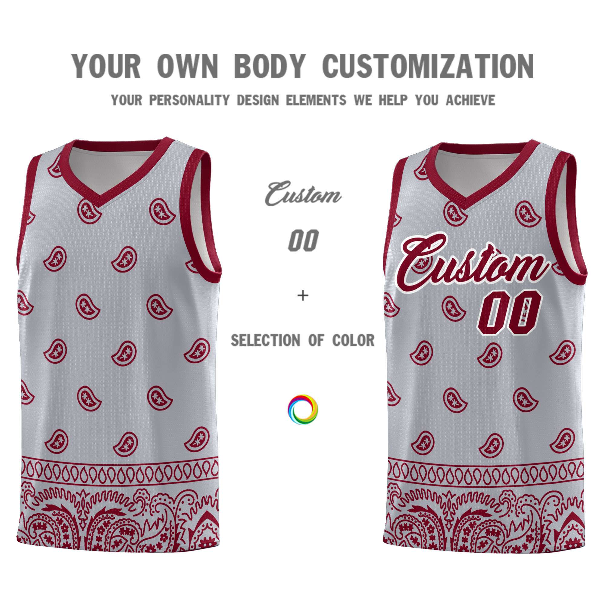 Custom Gray Crimson Personalized Cashew Pattern Sports Uniform Basketball Jersey