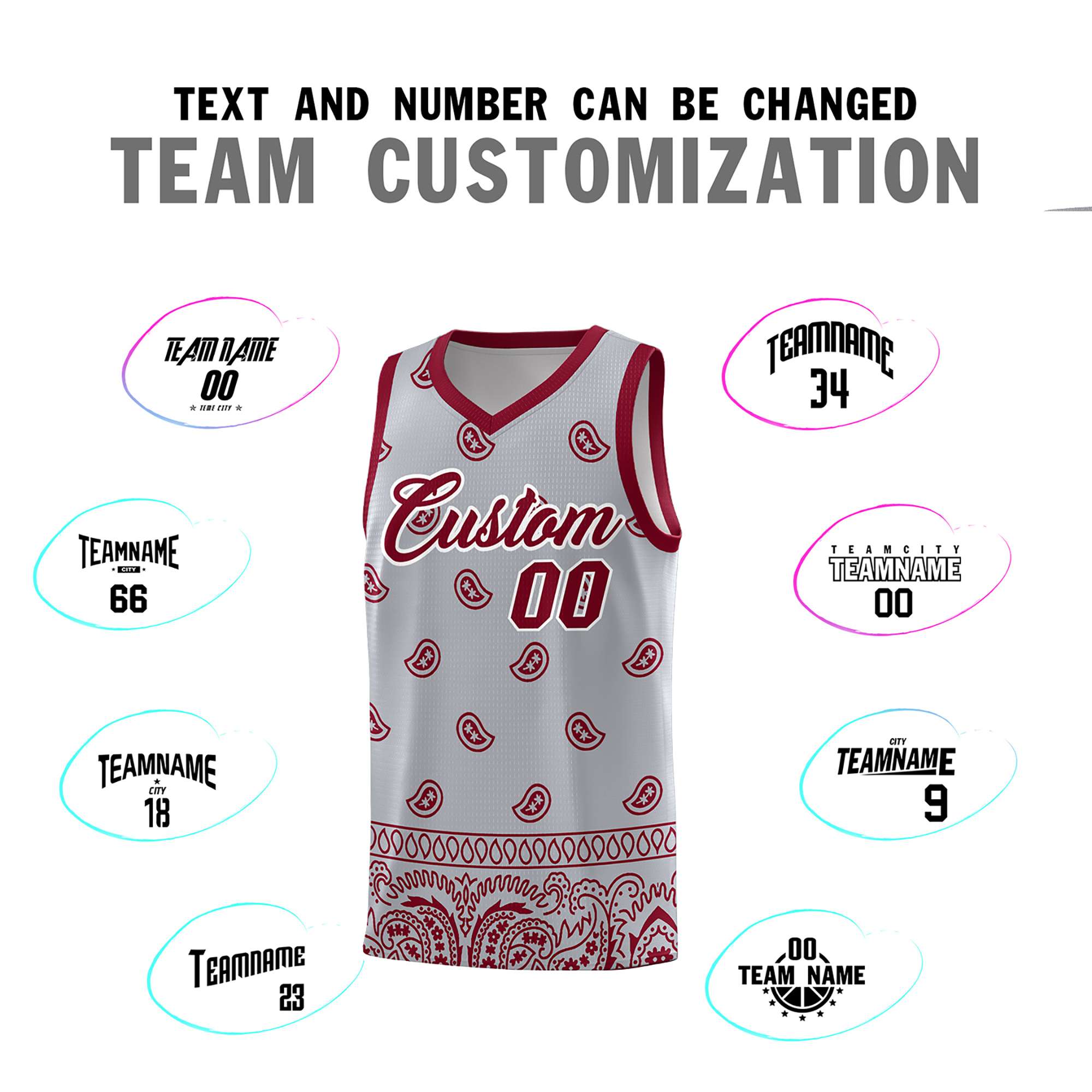 Custom Gray Crimson Personalized Cashew Pattern Sports Uniform Basketball Jersey