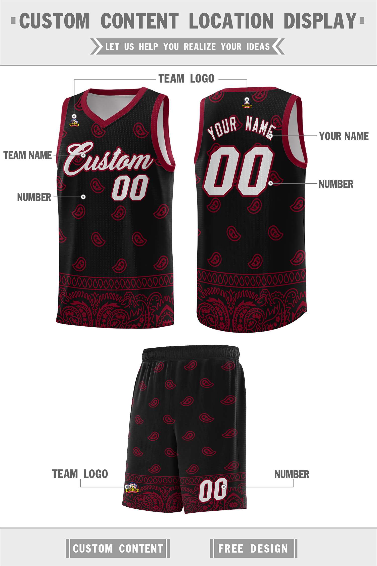 Custom Black Crimson Personalized Cashew Pattern Sports Uniform Basketball Jersey