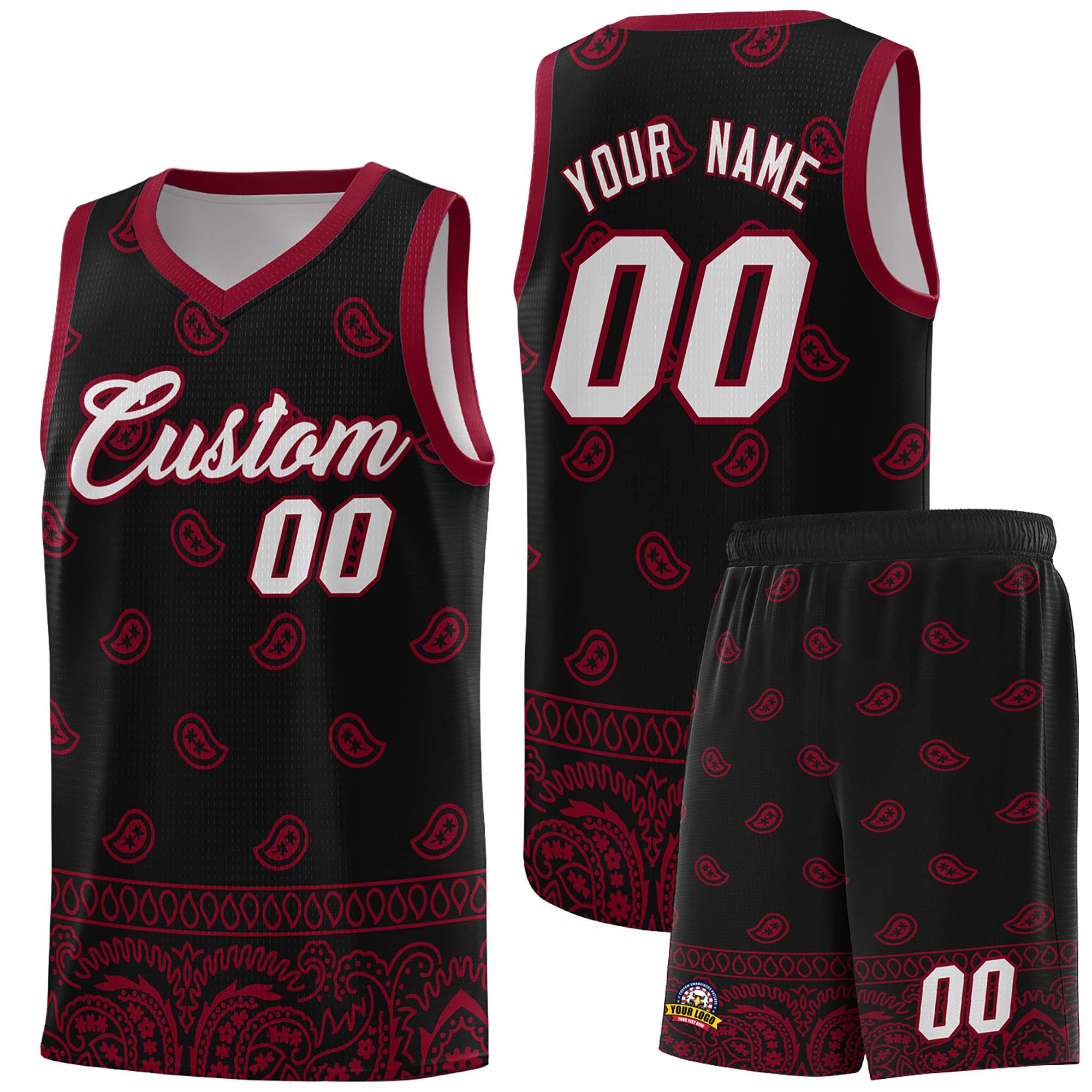 Custom Black Crimson Personalized Cashew Pattern Sports Uniform Basketball Jersey