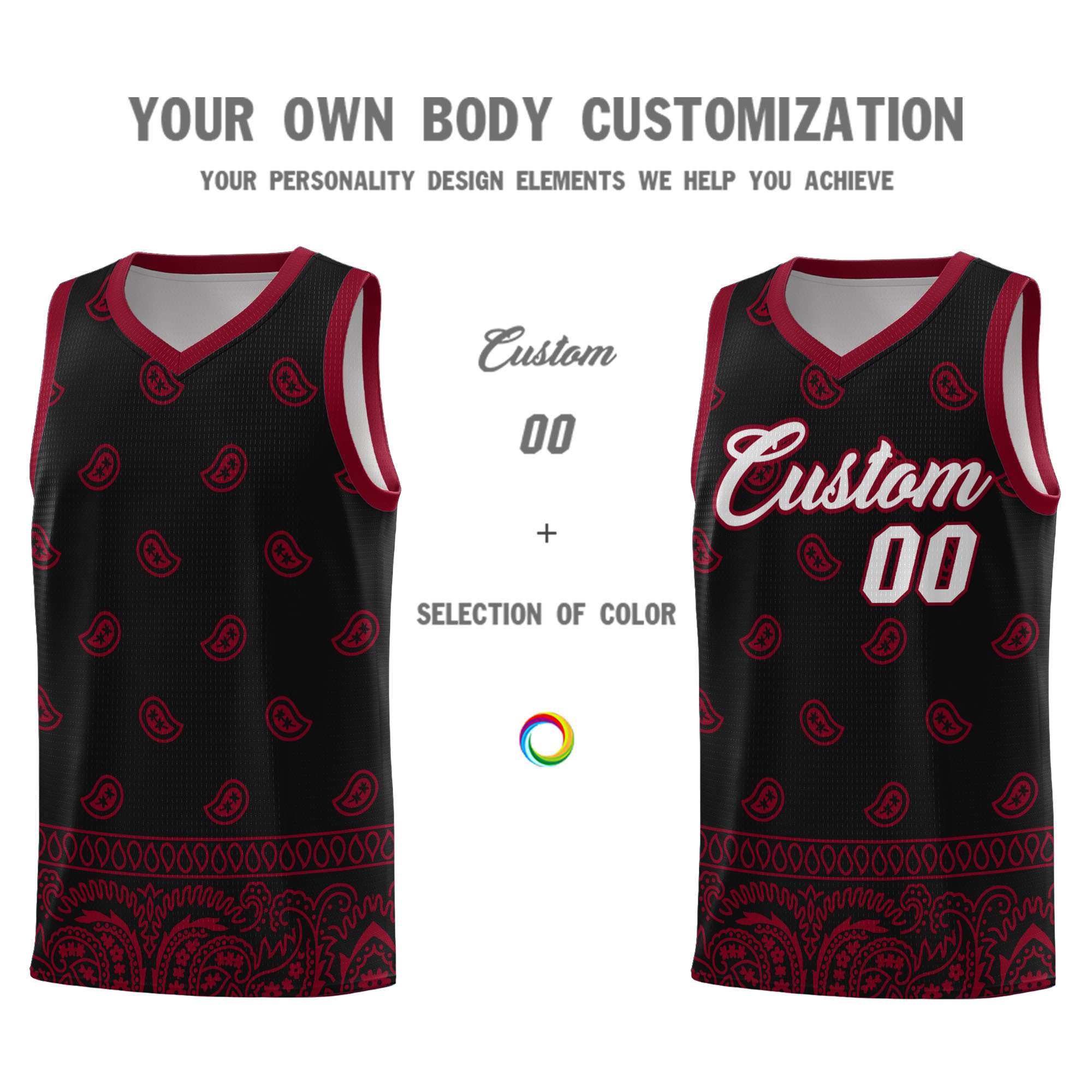 Custom Black Crimson Personalized Cashew Pattern Sports Uniform Basketball Jersey