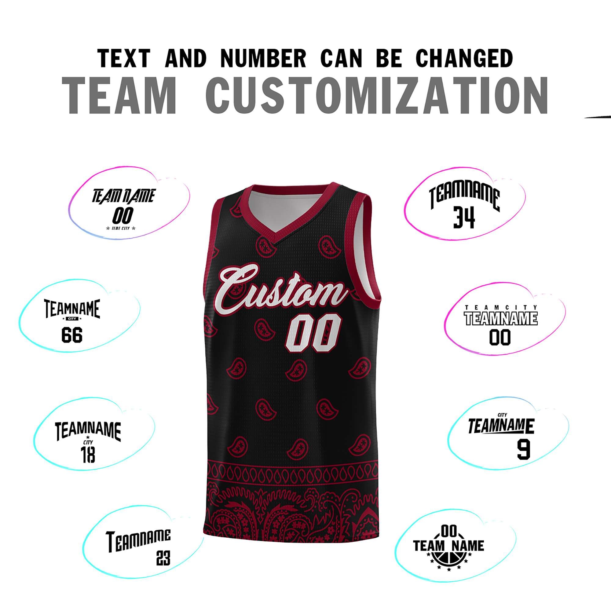 Custom Black Crimson Personalized Cashew Pattern Sports Uniform Basketball Jersey