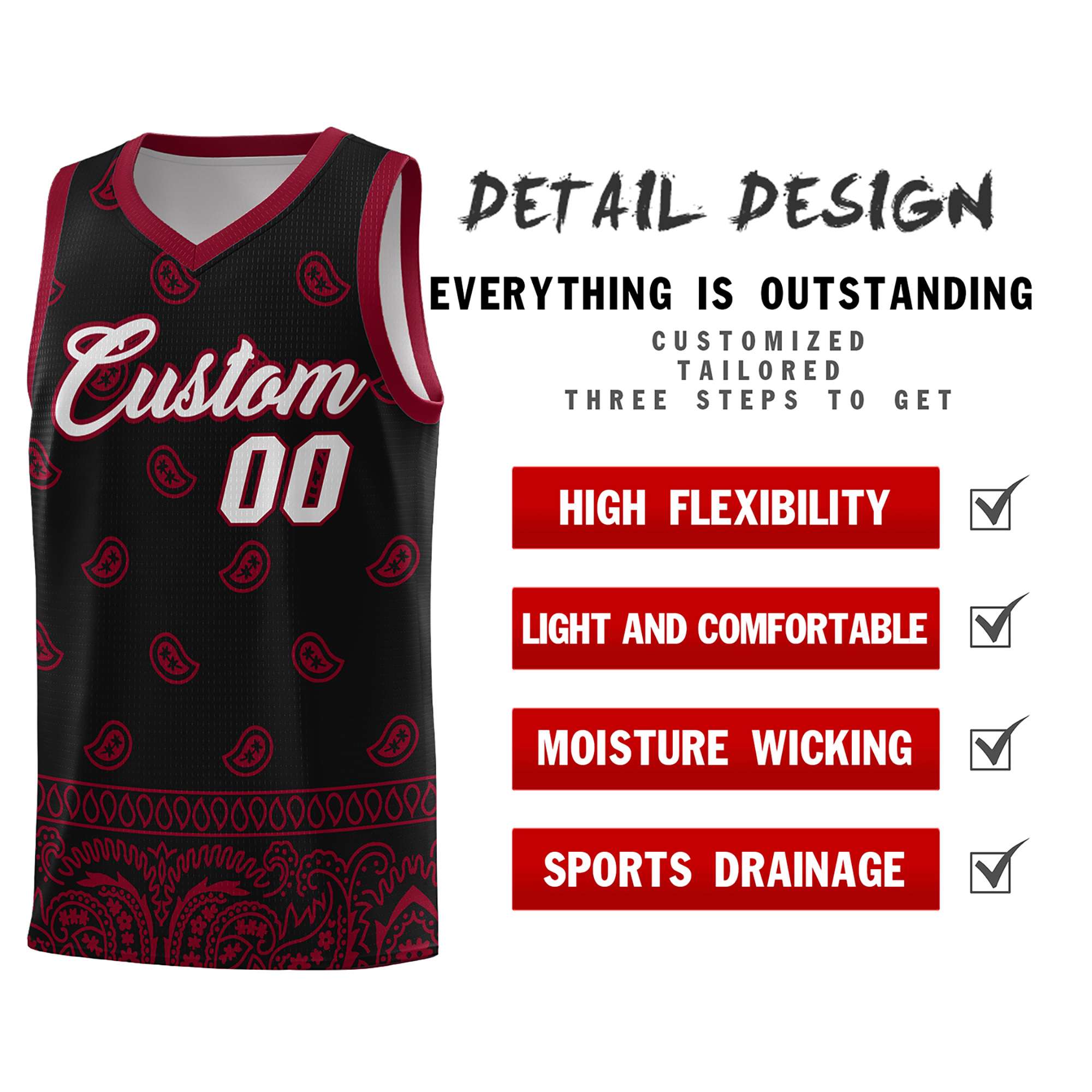 Custom Black Crimson Personalized Cashew Pattern Sports Uniform Basketball Jersey