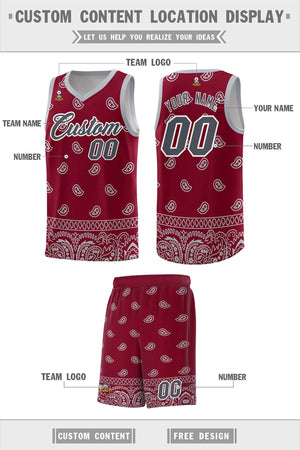 Custom Crimson Gray Personalized Cashew Pattern Sports Uniform Basketball Jersey