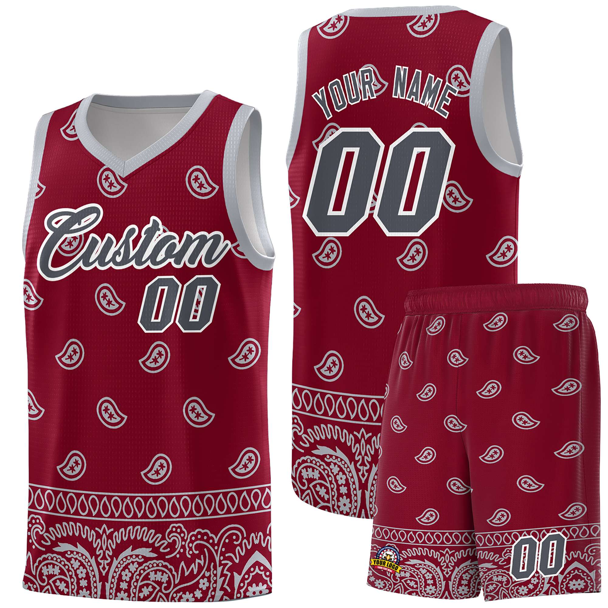 Custom Crimson Gray Personalized Cashew Pattern Sports Uniform Basketball Jersey