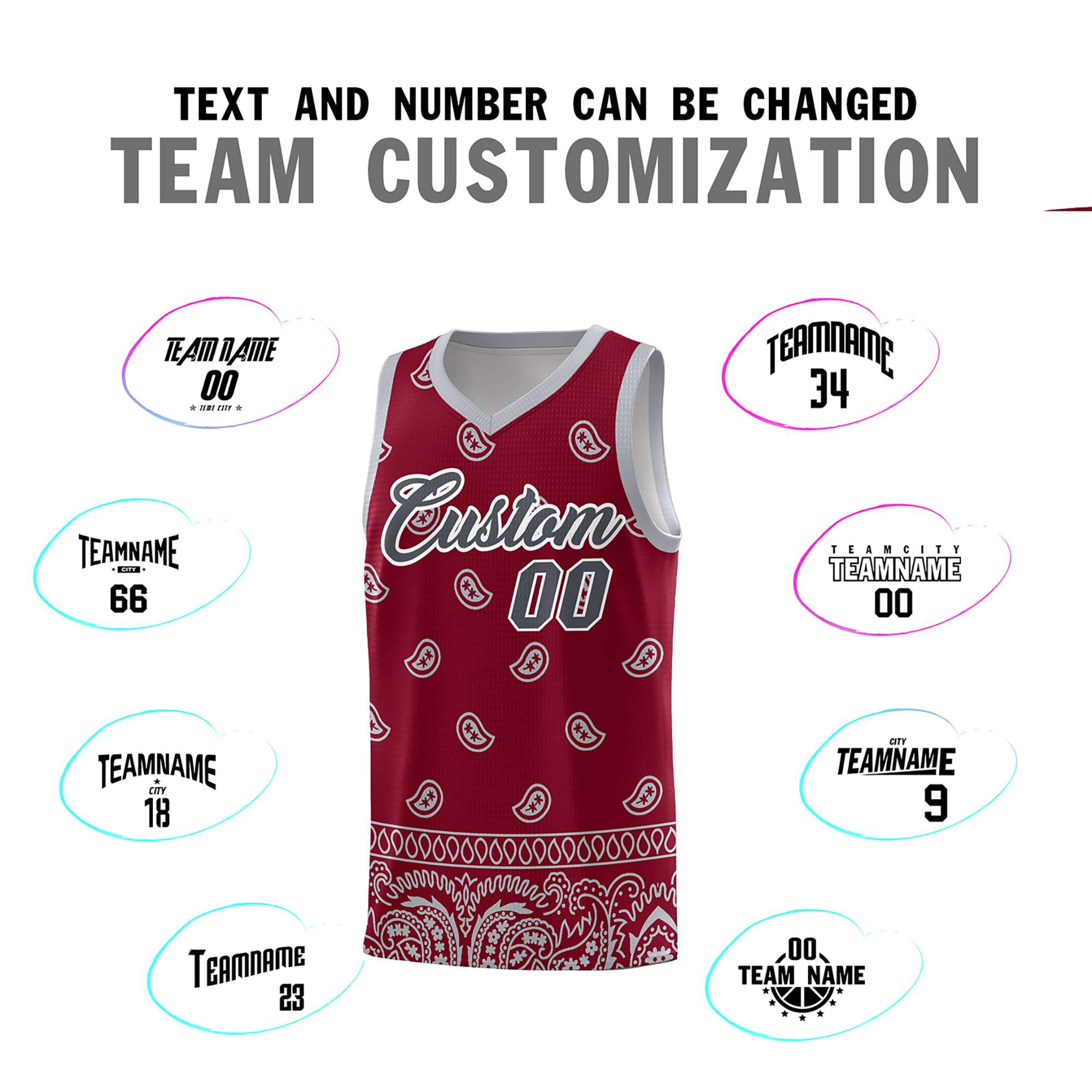 Custom Crimson Gray Personalized Cashew Pattern Sports Uniform Basketball Jersey