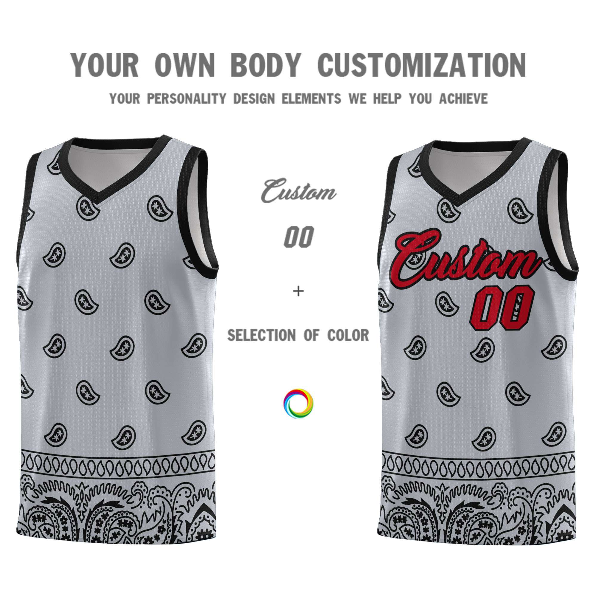 Custom Gray Black Personalized Cashew Pattern Sports Uniform Basketball Jersey