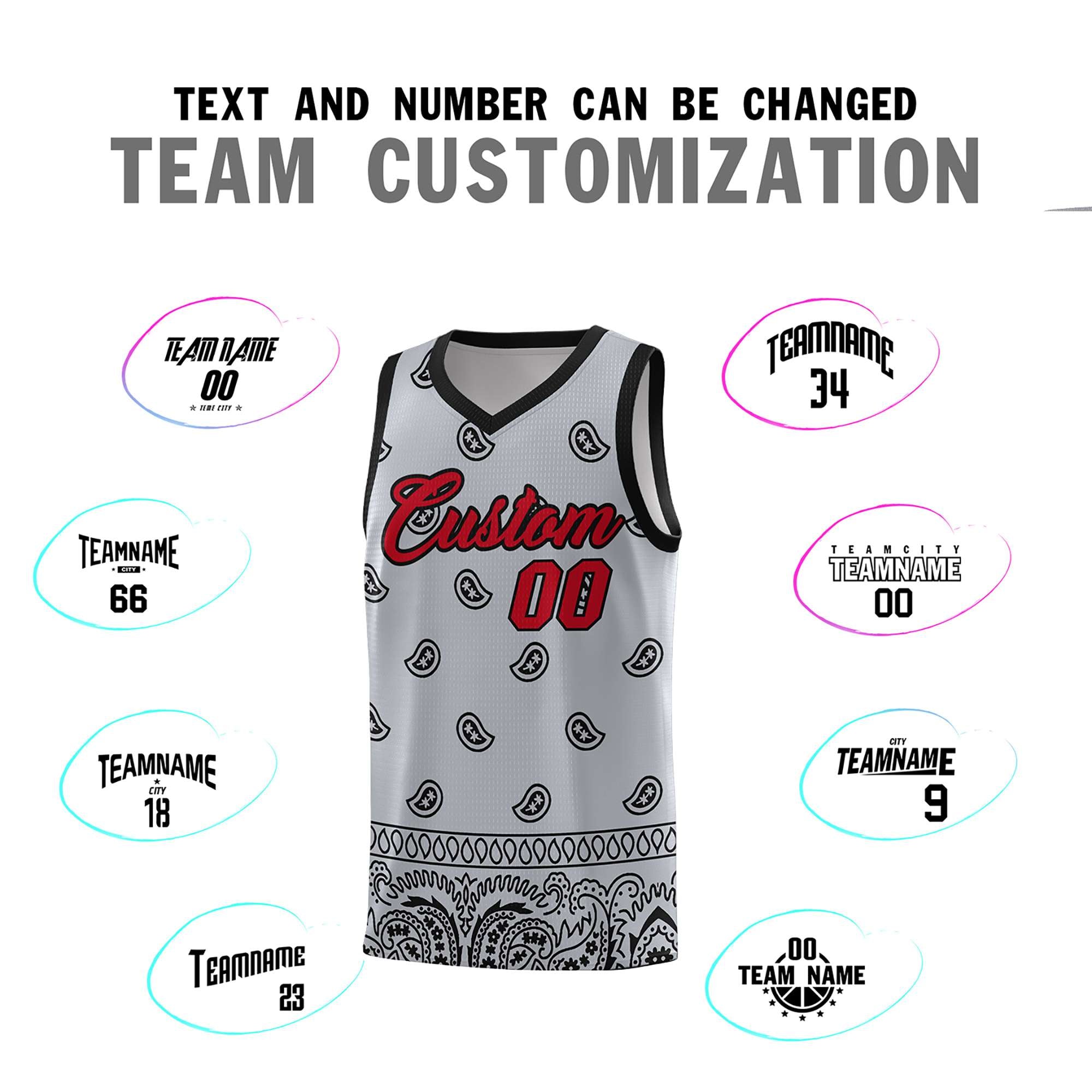 Custom Gray Black Personalized Cashew Pattern Sports Uniform Basketball Jersey