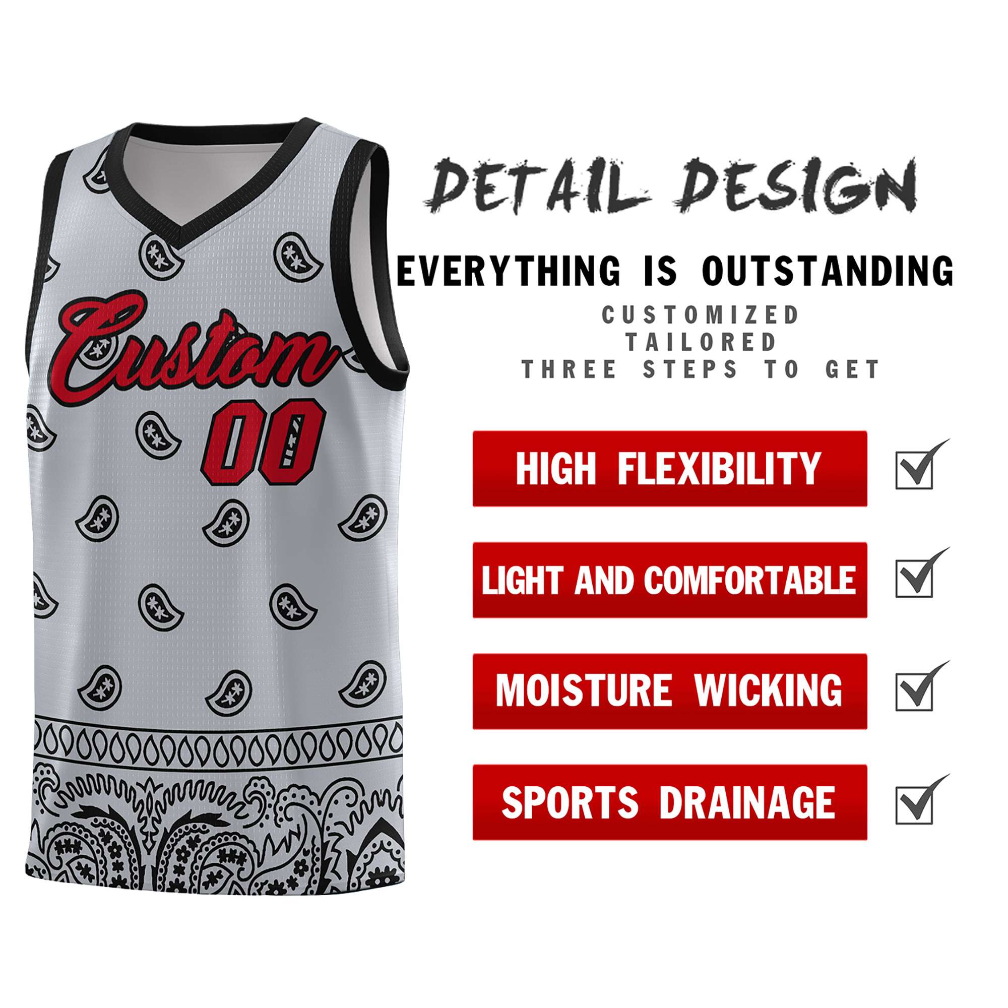 Custom Gray Black Personalized Cashew Pattern Sports Uniform Basketball Jersey