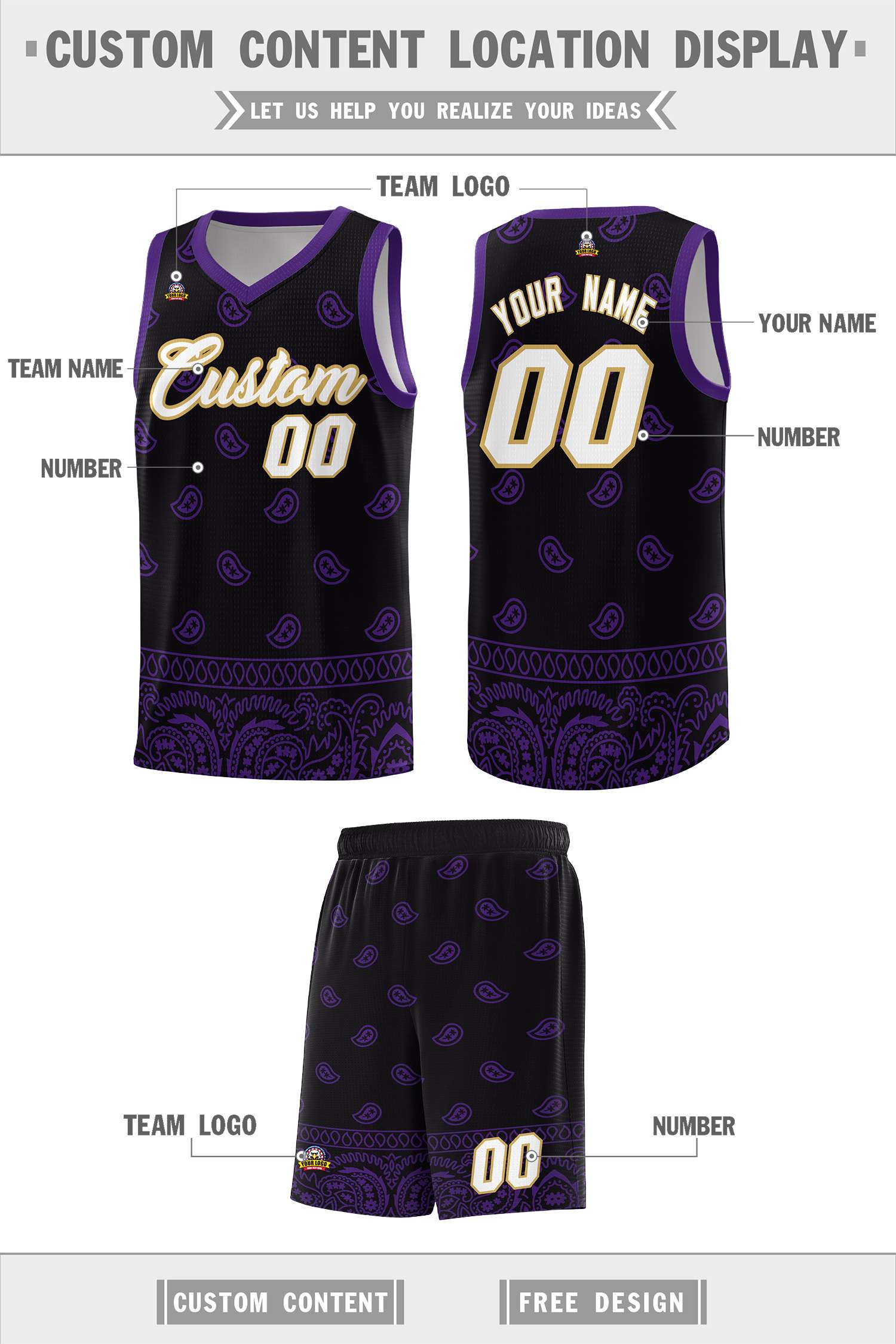 Custom Black Purple Personalized Cashew Pattern Sports Uniform Basketball Jersey