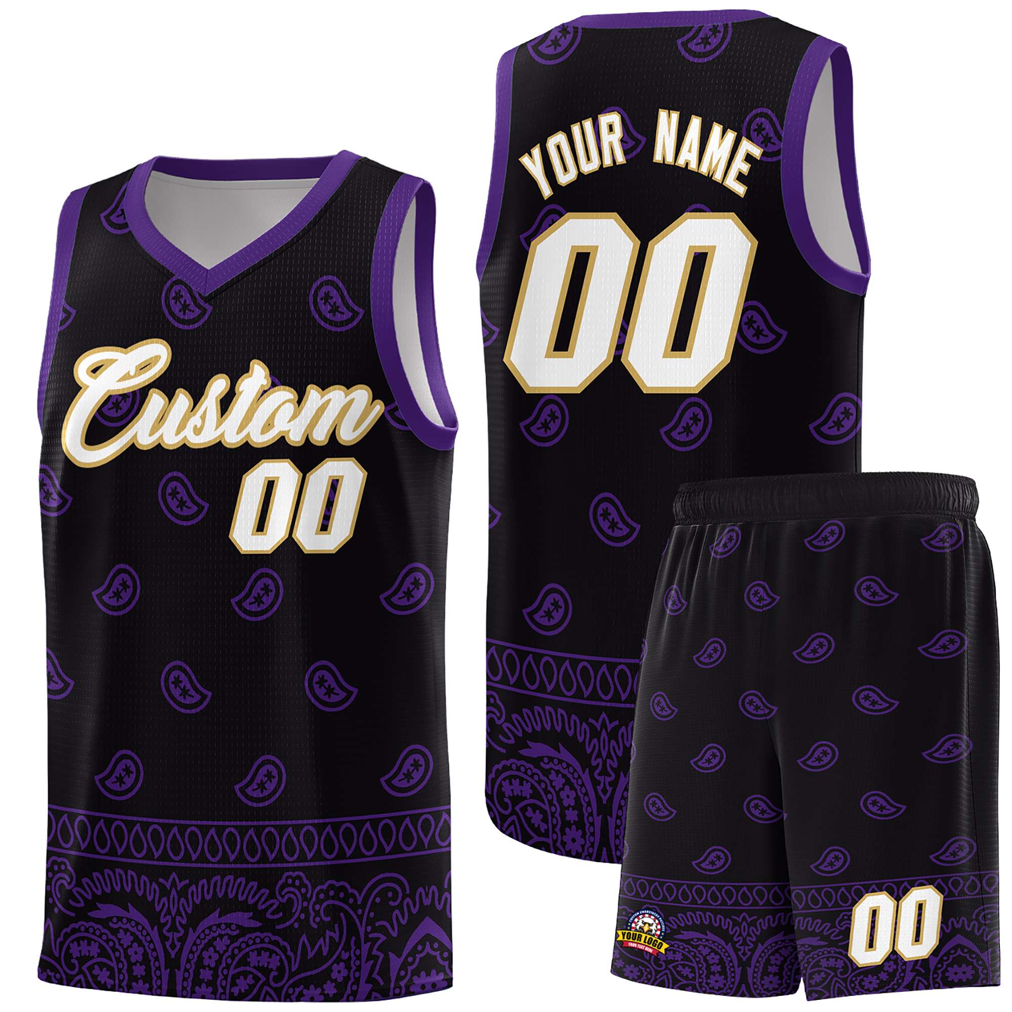 Custom Black Purple Personalized Cashew Pattern Sports Uniform Basketball Jersey