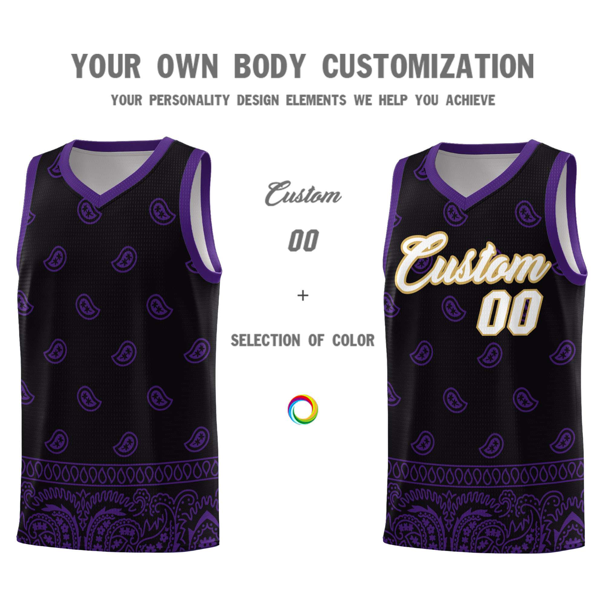 Custom Black Purple Personalized Cashew Pattern Sports Uniform Basketball Jersey