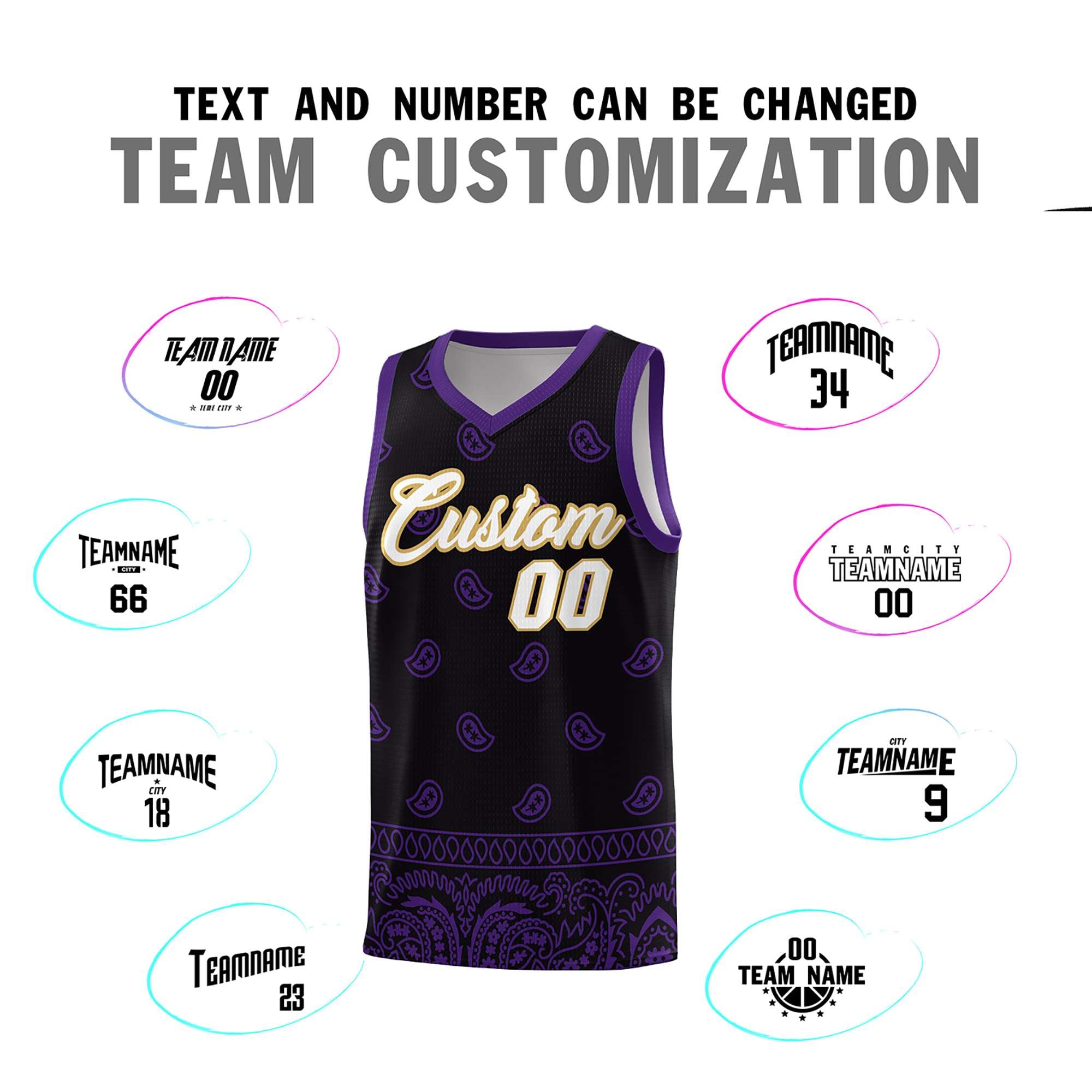 Custom Black Purple Personalized Cashew Pattern Sports Uniform Basketball Jersey