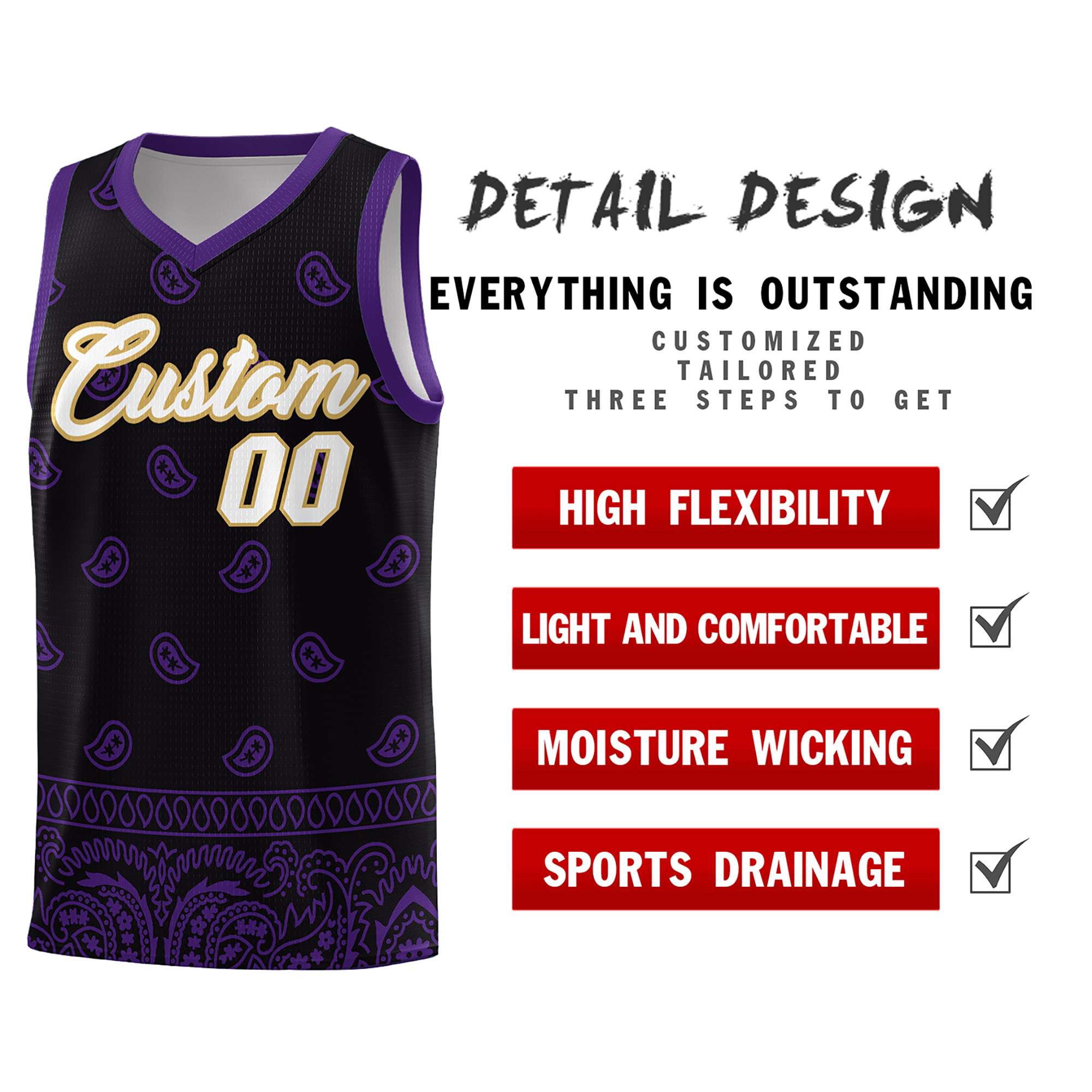 Custom Black Purple Personalized Cashew Pattern Sports Uniform Basketball Jersey